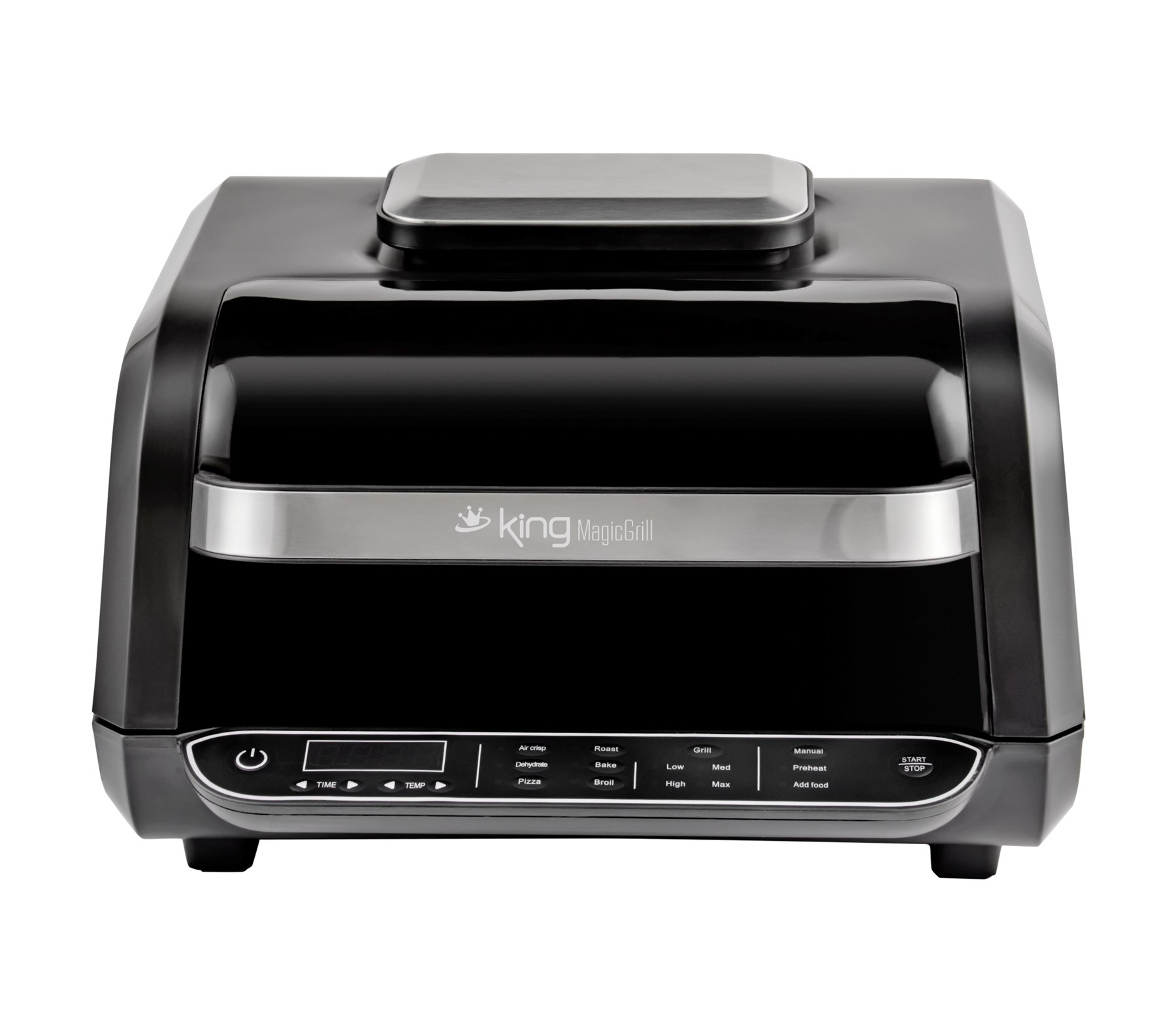 Kontrol panelli ve dijital ekranlı siyah bir King MagicGrill.