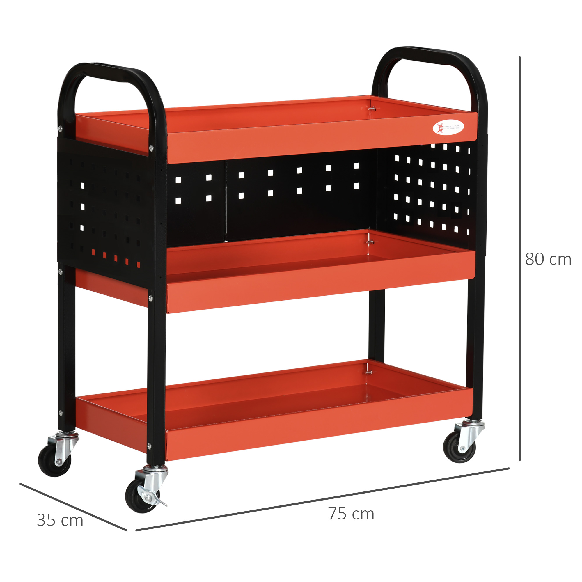 Un carrito de servicio naranja de tres niveles con laterales y ruedas negras.