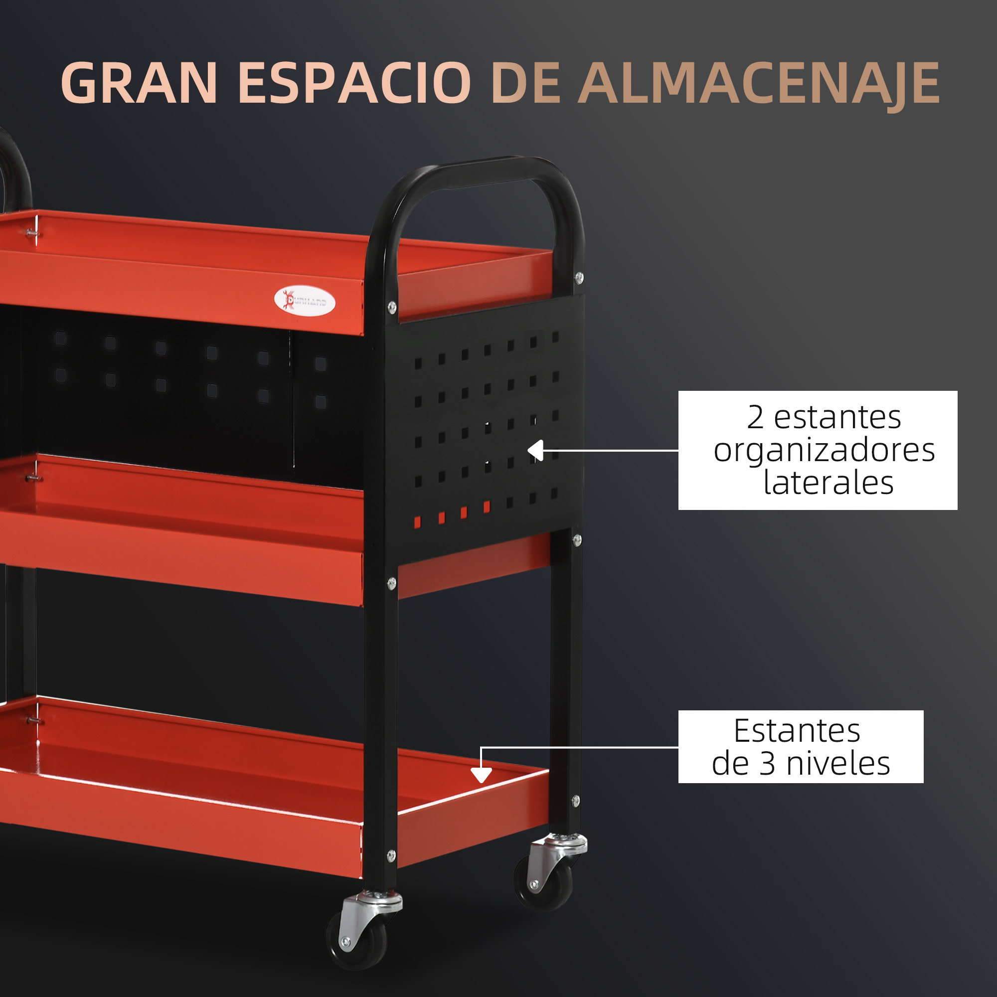 Un carrito rojo de tres niveles con organizadores laterales negros.