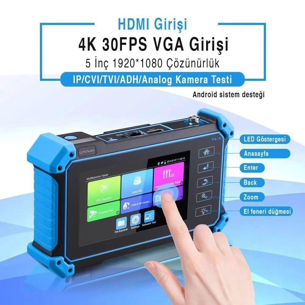 Dokunmatik ekran menülü ve etiketli mavi çok fonksiyonlu CCTV test cihazı.