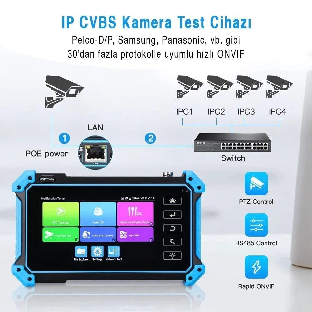 Dokunmatik ekranlı CCTV test cihazı, LAN/PoE ile kameralara ve switch'e bağlanır.