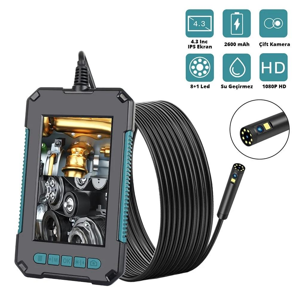 POWERMASTER PM-7869 10 Metre Kablolu 8mm HD 1080P Endeskop Yılan 4,3 inç 11 cm Ekran lı Kamera