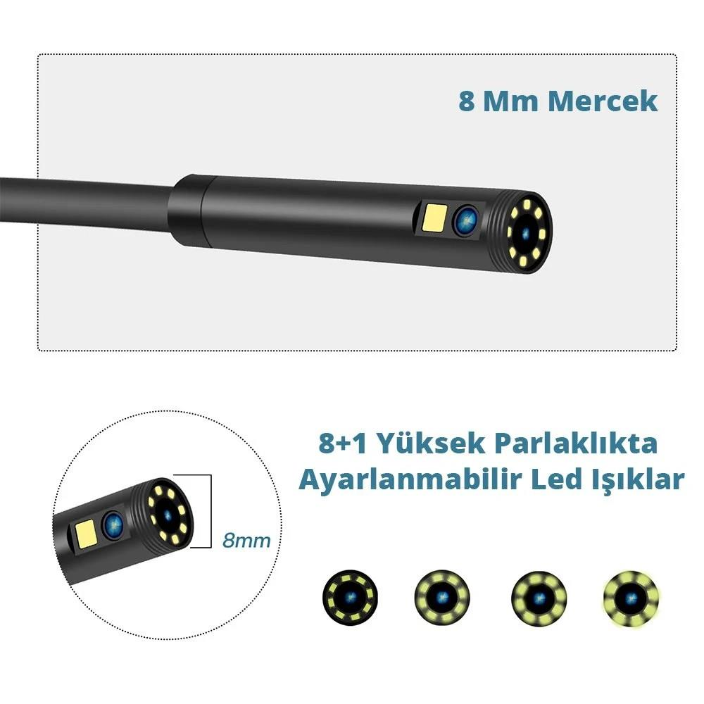 8mm endoskop kamera, 8+1 LED'li. Lens ve ışıkların yakın çekimi.