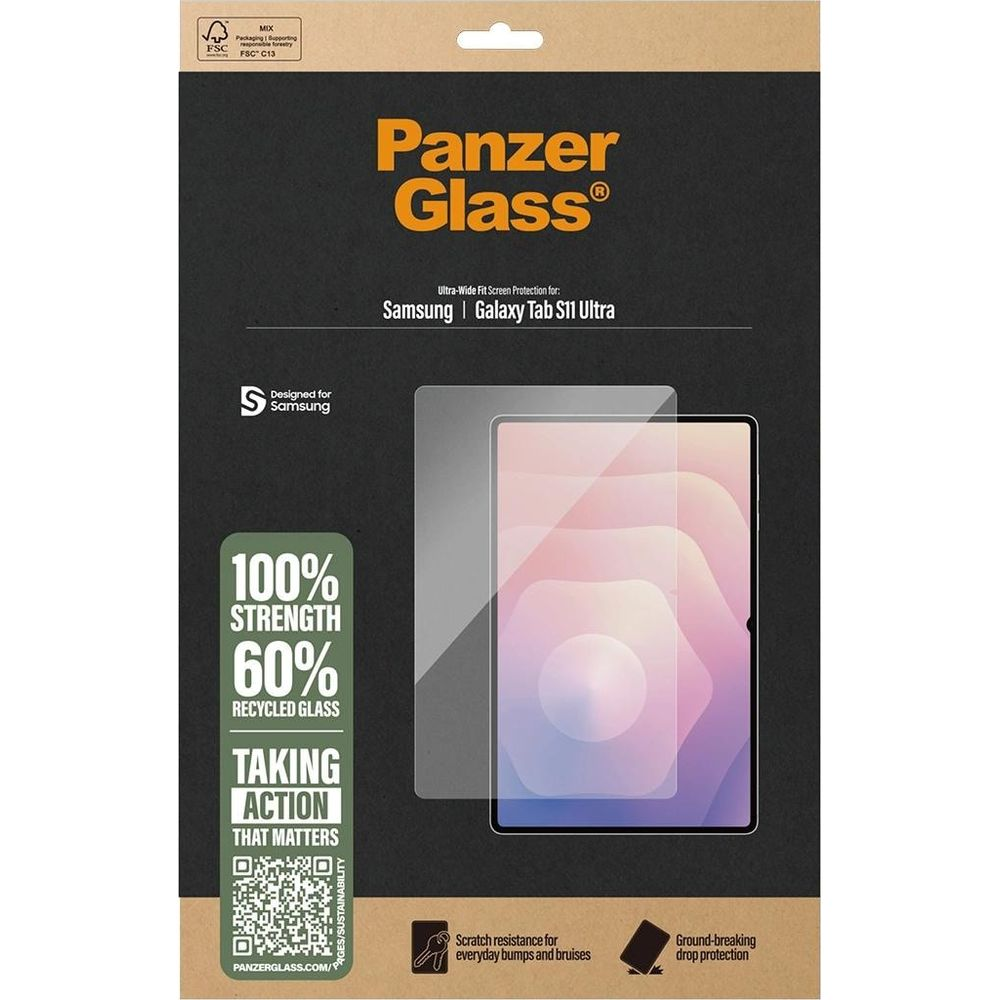 Panzer Glass screen protector for Samsung Galaxy Tab S11 Ultra, 100% strength, 60% recycled glass.