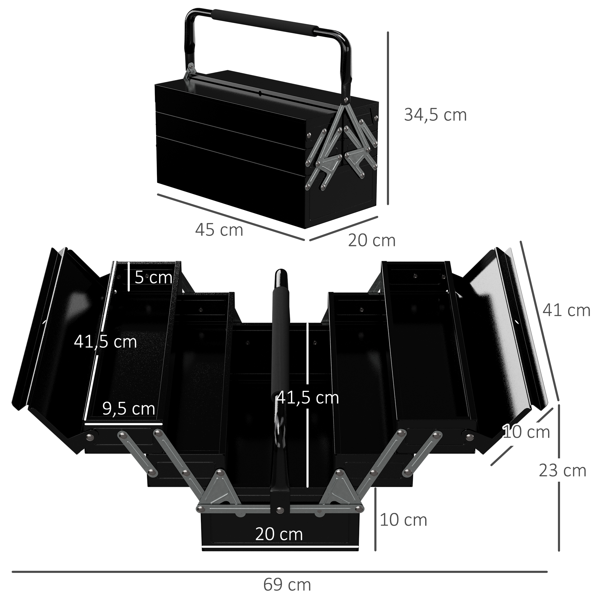 Caja de herramientas de metal negra con múltiples compartimentos. Dimensiones mostradas.