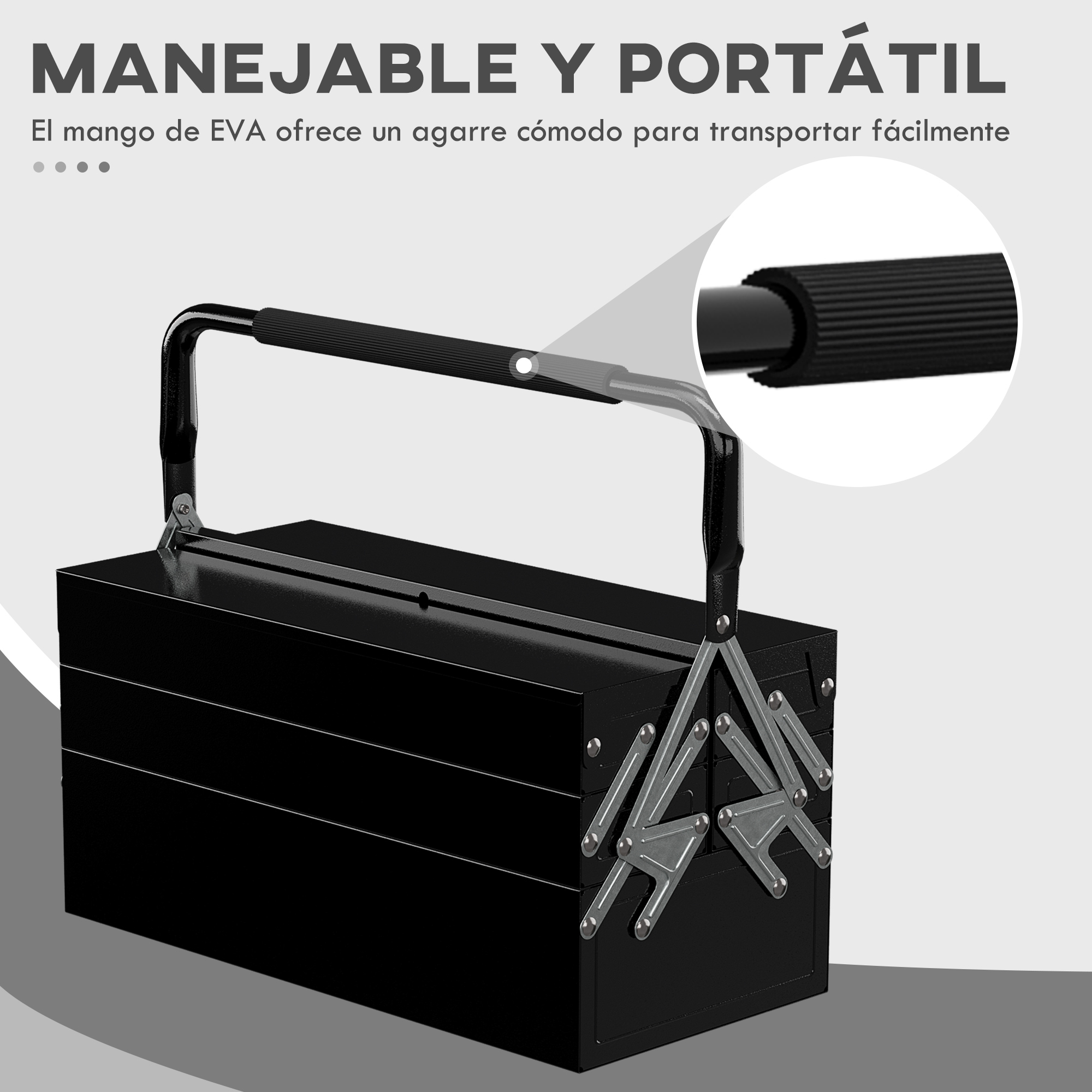 Caja de herramientas negra con compartimentos extensibles y asa acolchada.