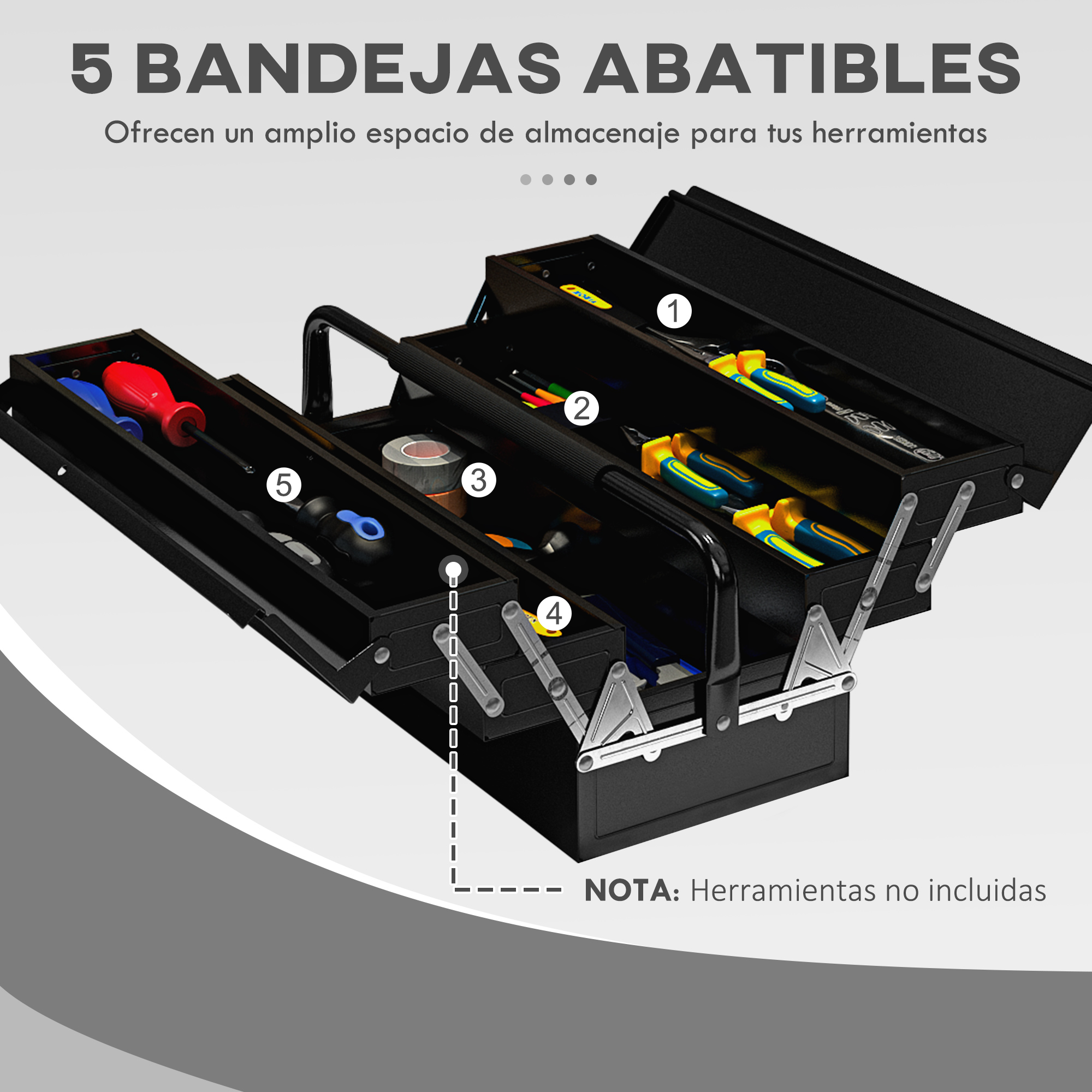 Caja de herramientas negra con 5 bandejas abatibles, herramientas no incluidas.