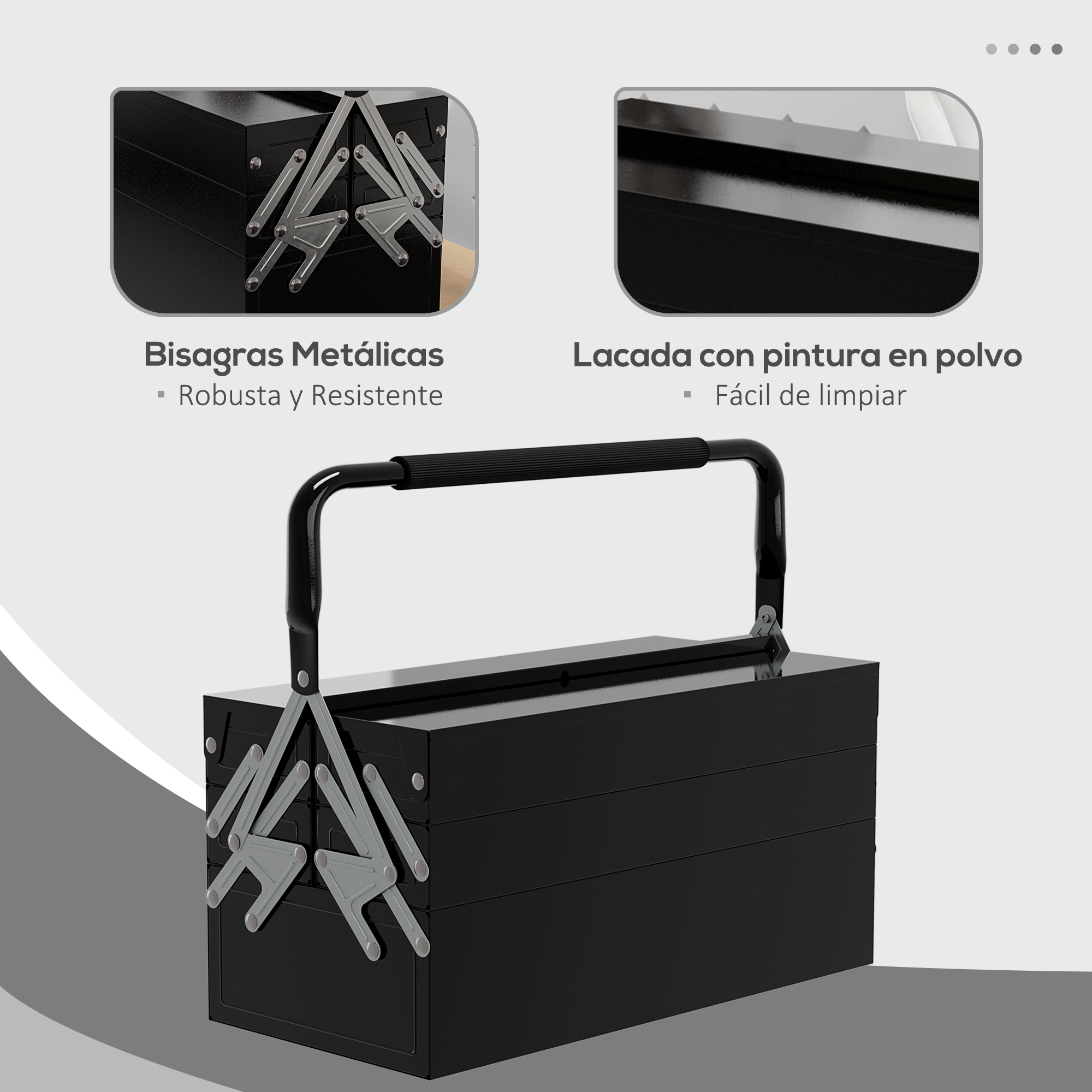 Caja de herramientas negra con compartimentos expandibles y bisagras metálicas.
