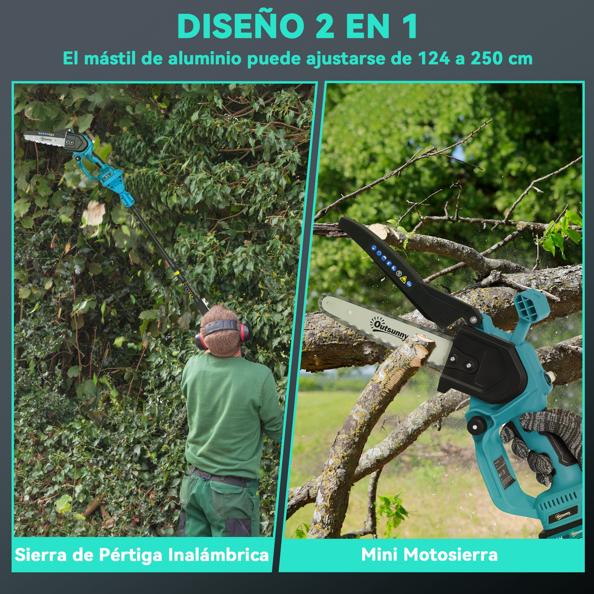 Hombre poda seto con sierra de pértiga; primer plano de mini motosierra.
