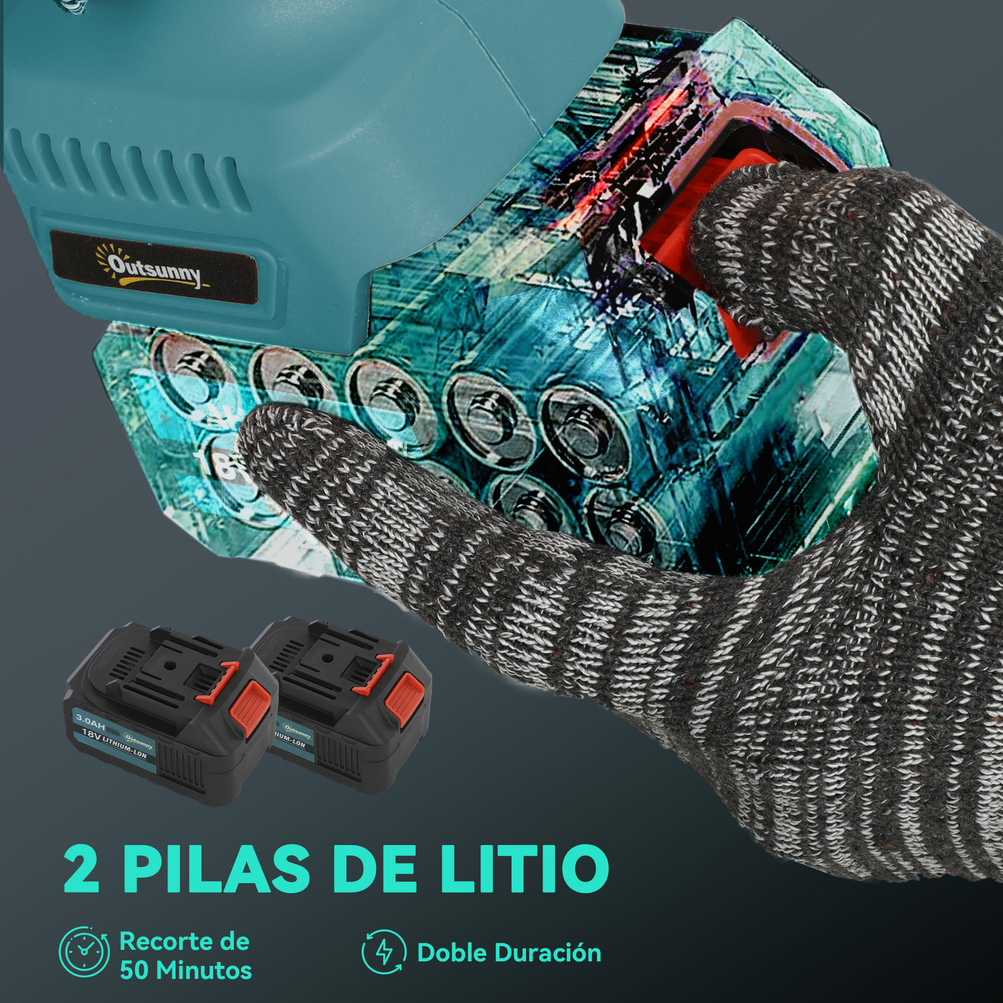 Una mano con guante de punto sujeta una herramienta con baterías.