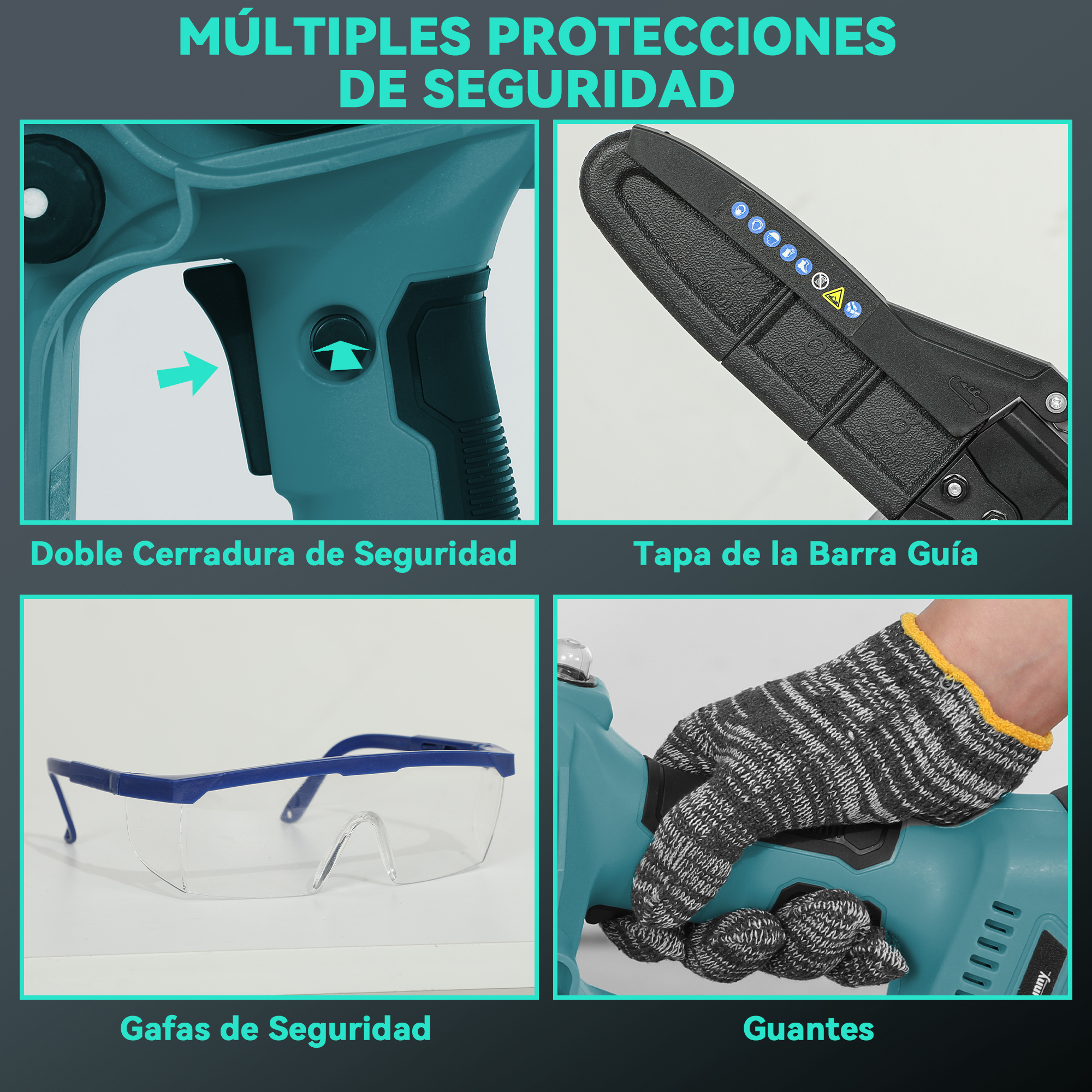 Imagen muestra 4 elementos de seguridad: cierre, tapa, gafas y guante.