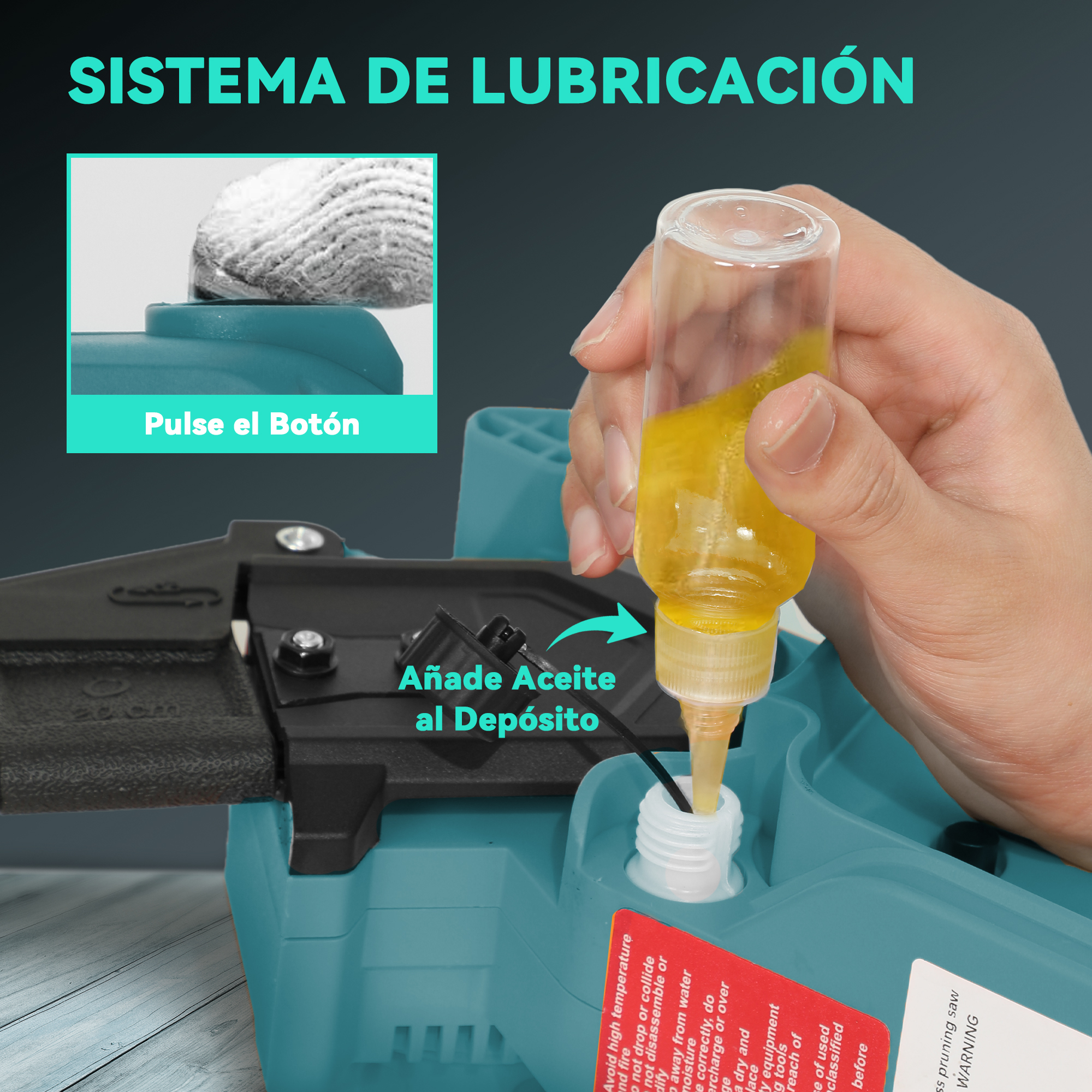 Una mano vierte aceite de una botella en un depósito de motosierra.
