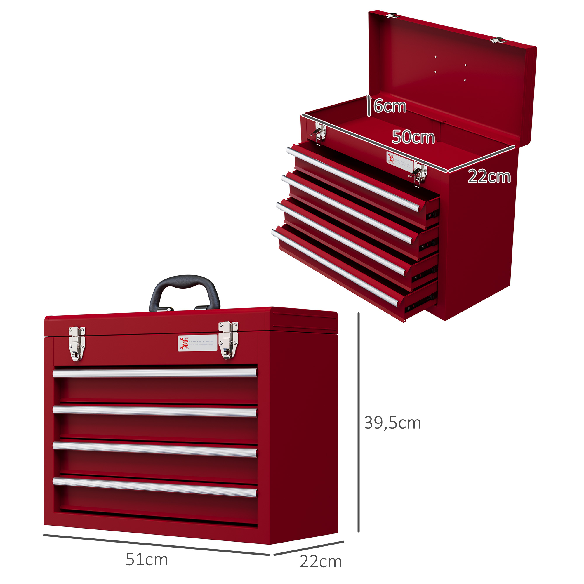 Caja de herramientas roja con cuatro cajones y asa. Dimensiones: 51x22x39,5cm.