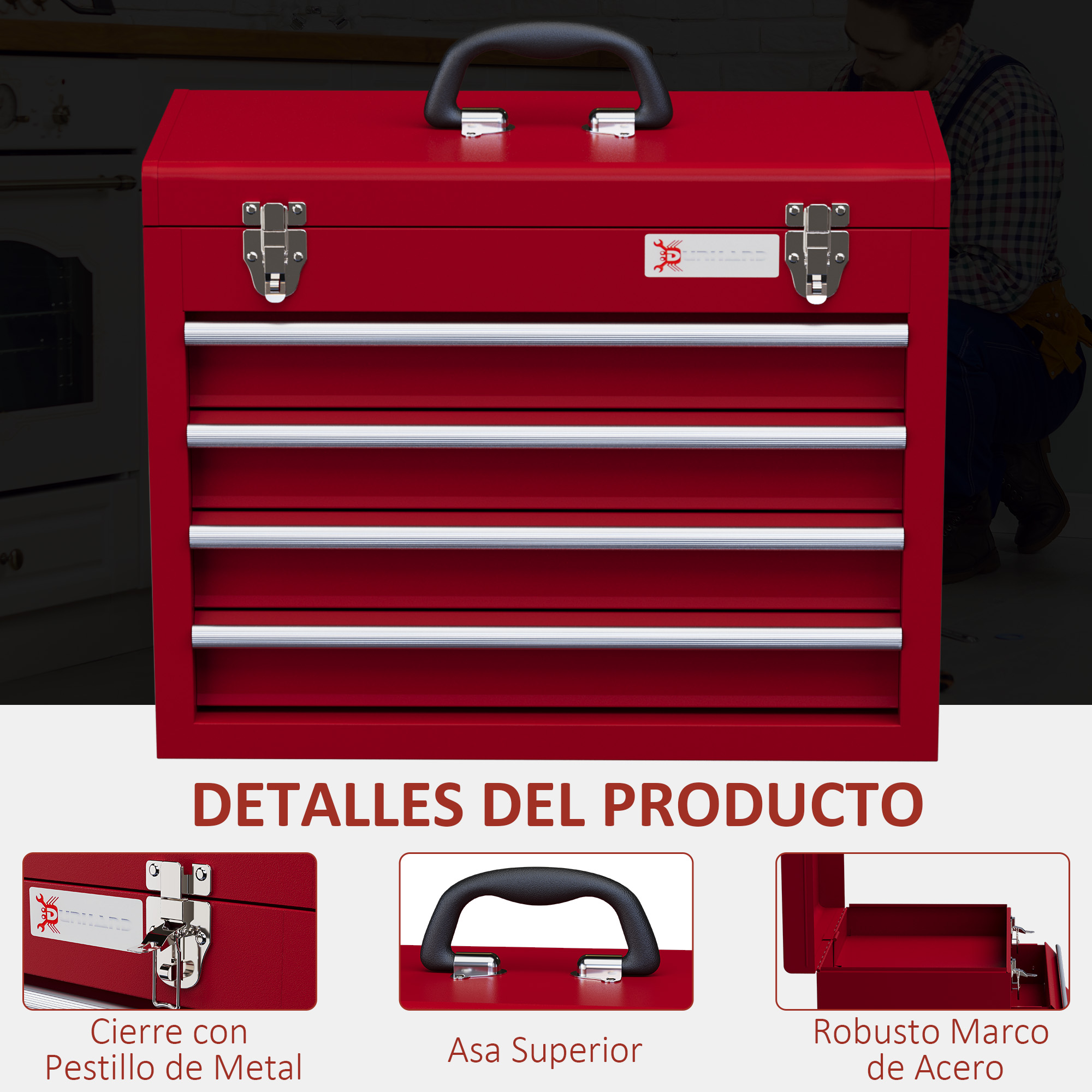 Caja de herramientas roja con asas y cajones plateados. Hombre al fondo.