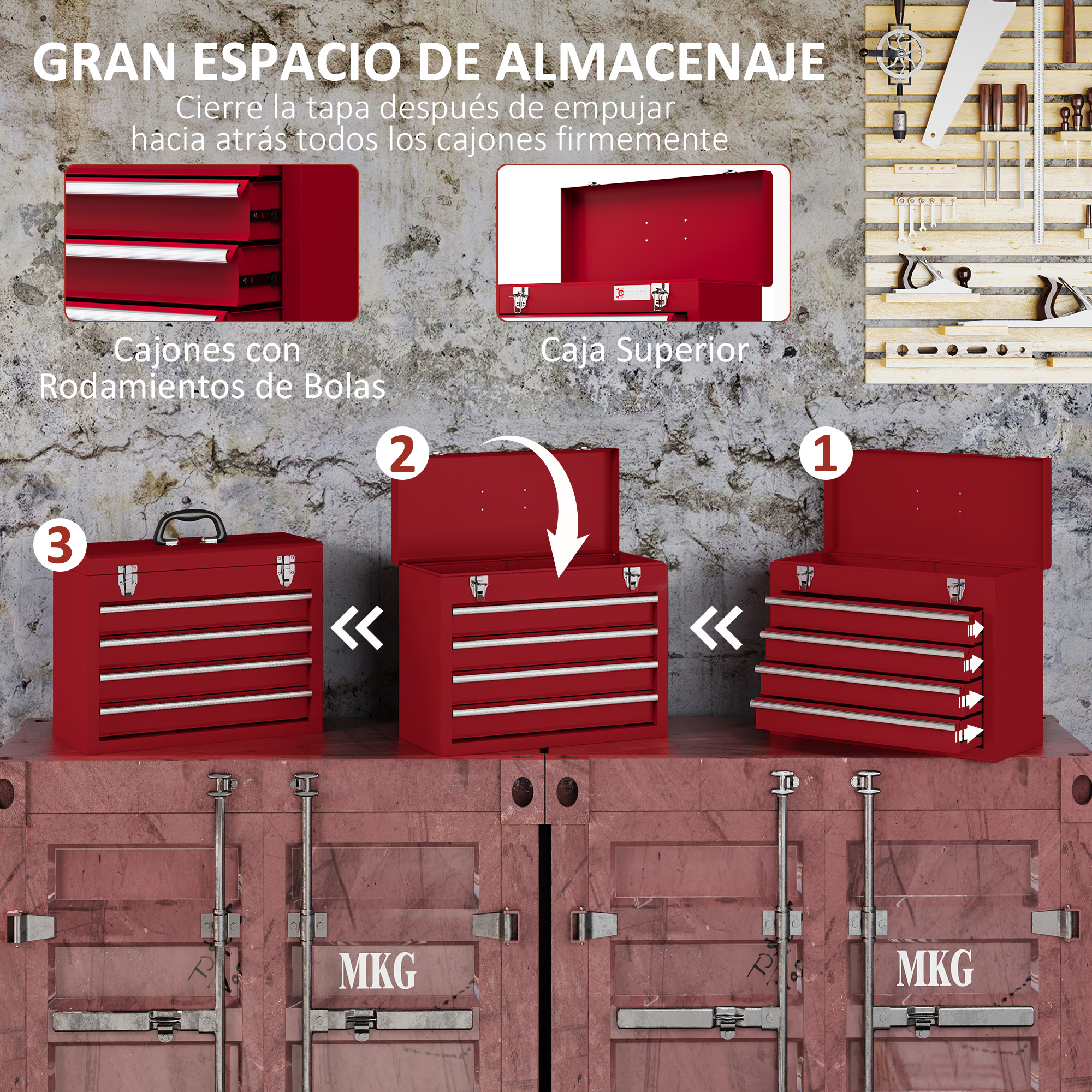 Cajas de herramientas rojas con cajones y herramientas en pared.