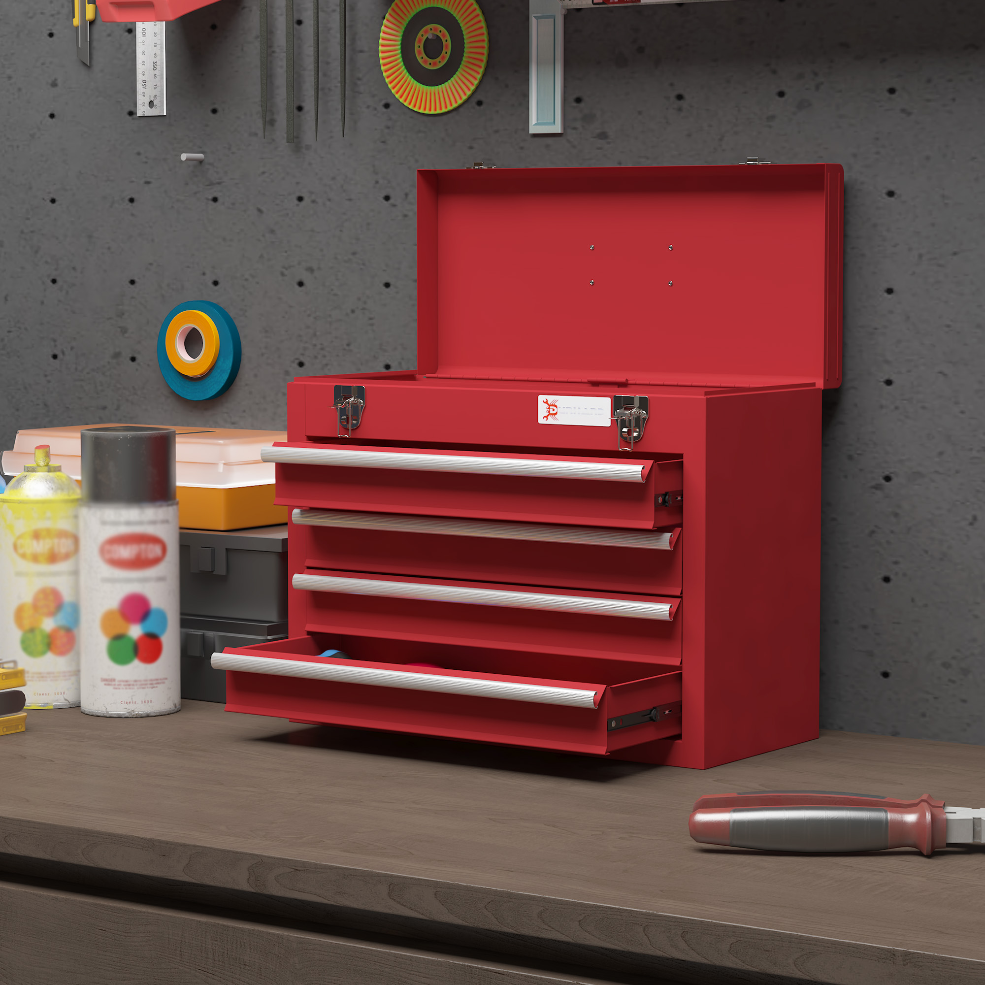 Caja de herramientas roja con cajones abiertos, herramientas y latas de spray sobre mesa.