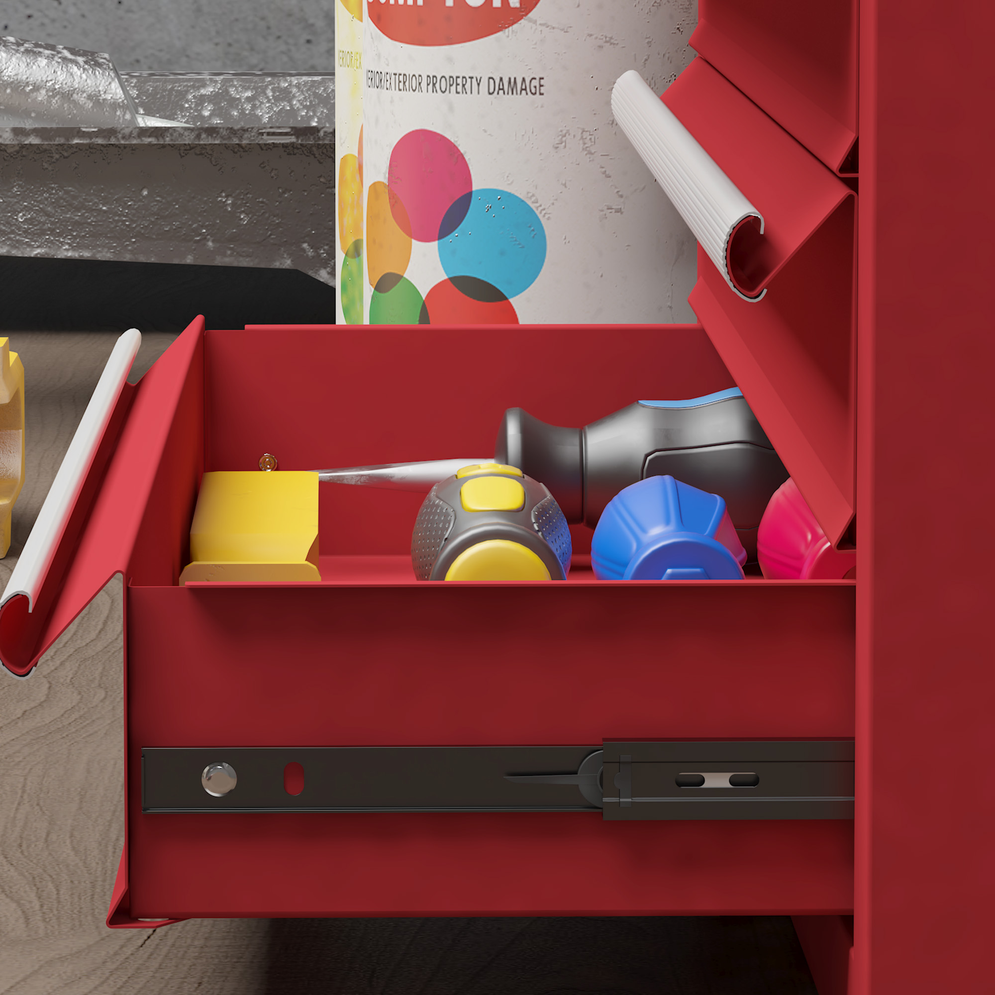 Una caja de herramientas roja con destornilladores, un bote de pintura y herramientas.
