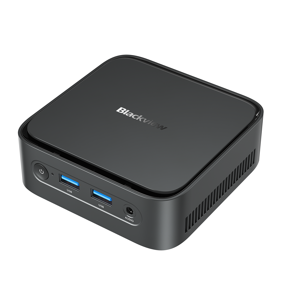 Een zwarte mini-pc met Blackview-logo. Heeft USB- en audiostekkers.