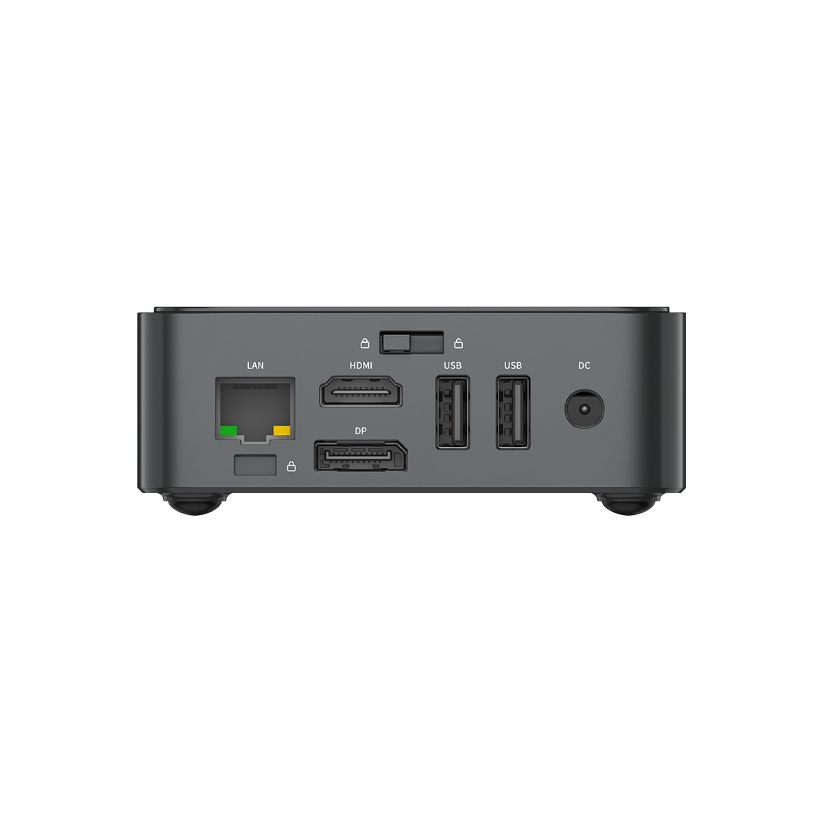 Achterkant van een zwarte mini-pc met poorten: LAN, HDMI, DisplayPort, 2x USB, DC.