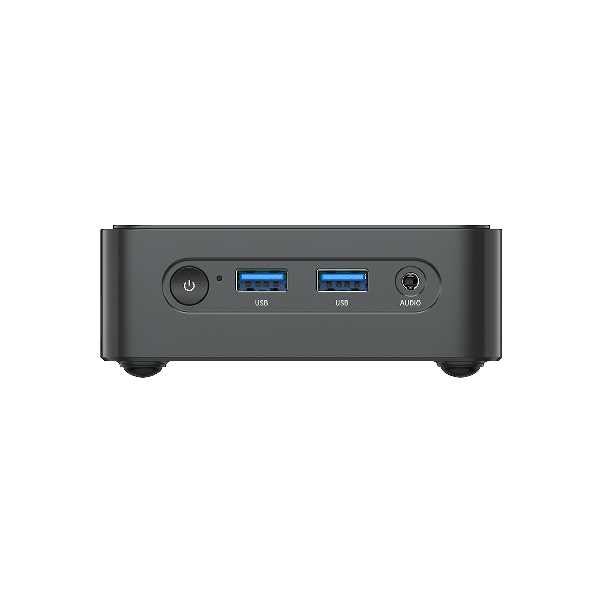 Zwarte mini-pc met aan/uitknop, twee USB-poorten en audiostekker.