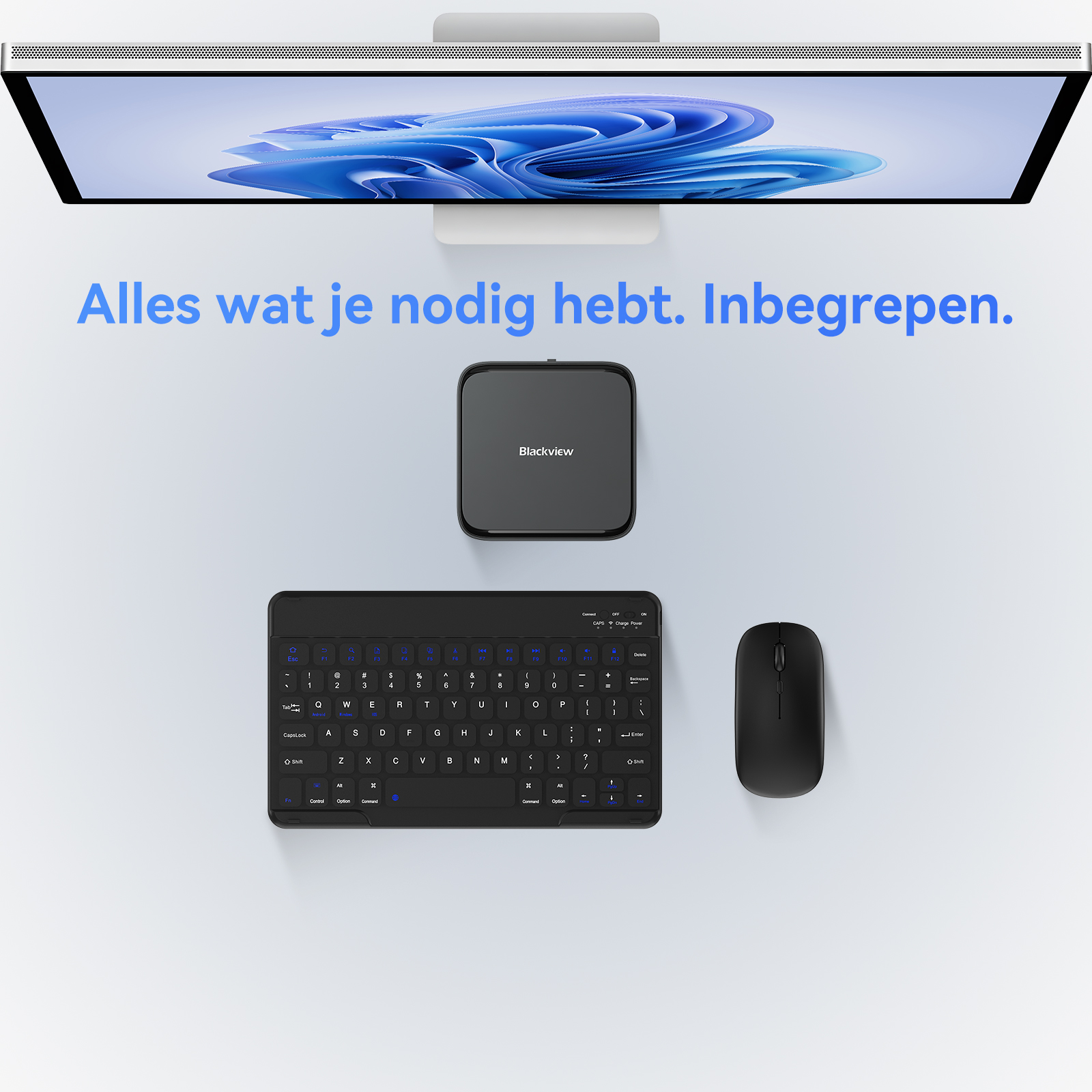 Een moderne werkplek met een grote monitor, Blackview box, toetsenbord en muis.