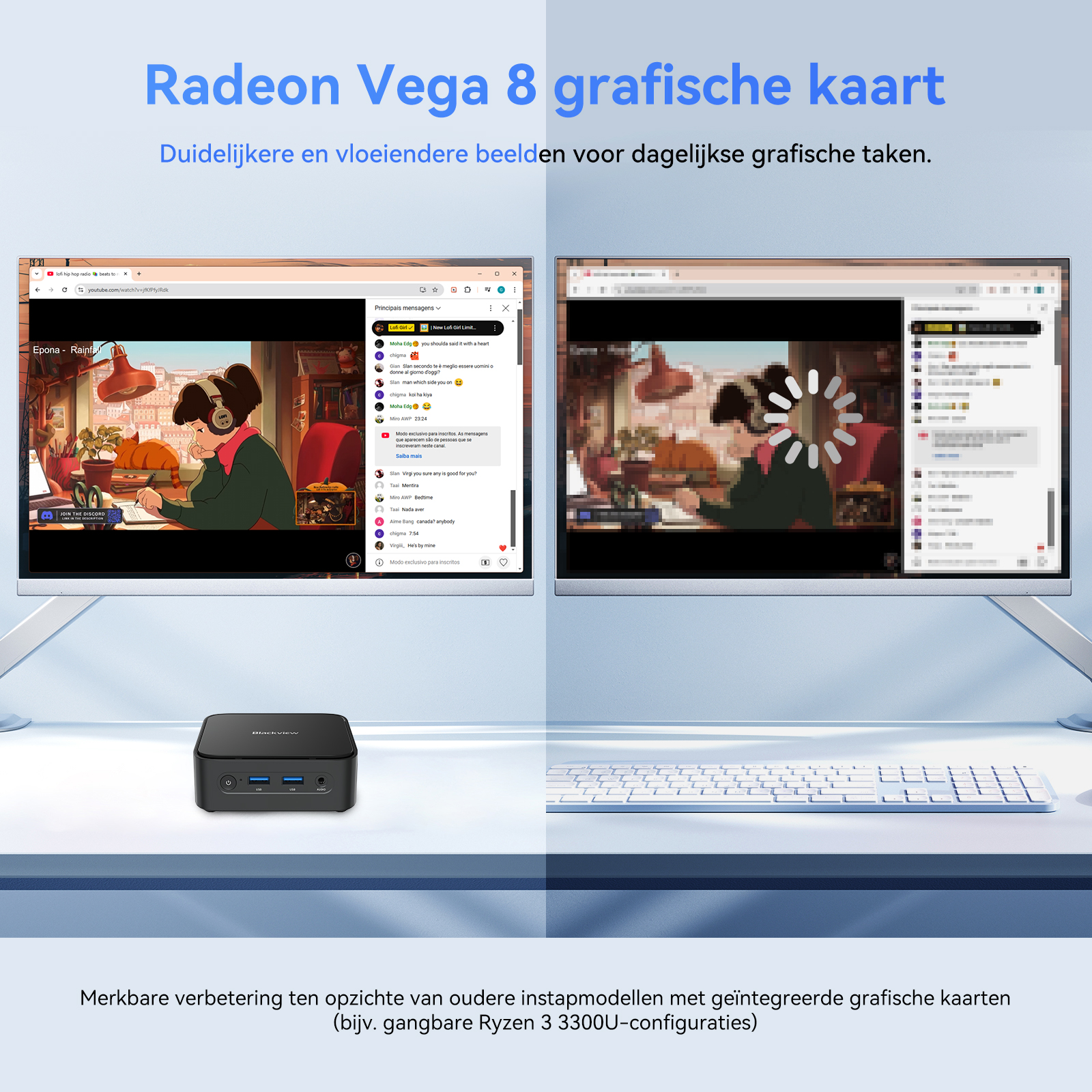 Twee monitoren tonen anime-scène en chat. Een kleine pc staat ervoor.