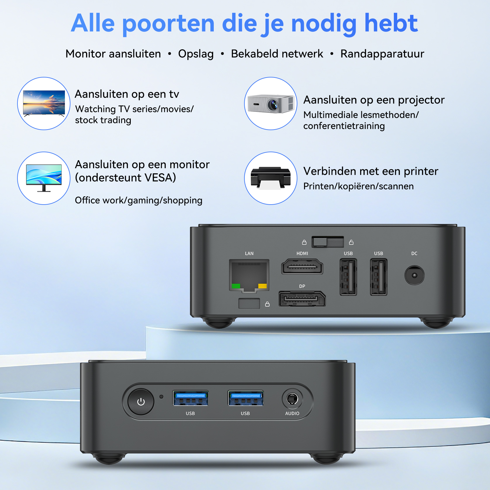 Twee zwarte mini-pc's. Eén toont poorten: LAN, HDMI, DP, USB, DC. De andere toont stroom, USB, audio.