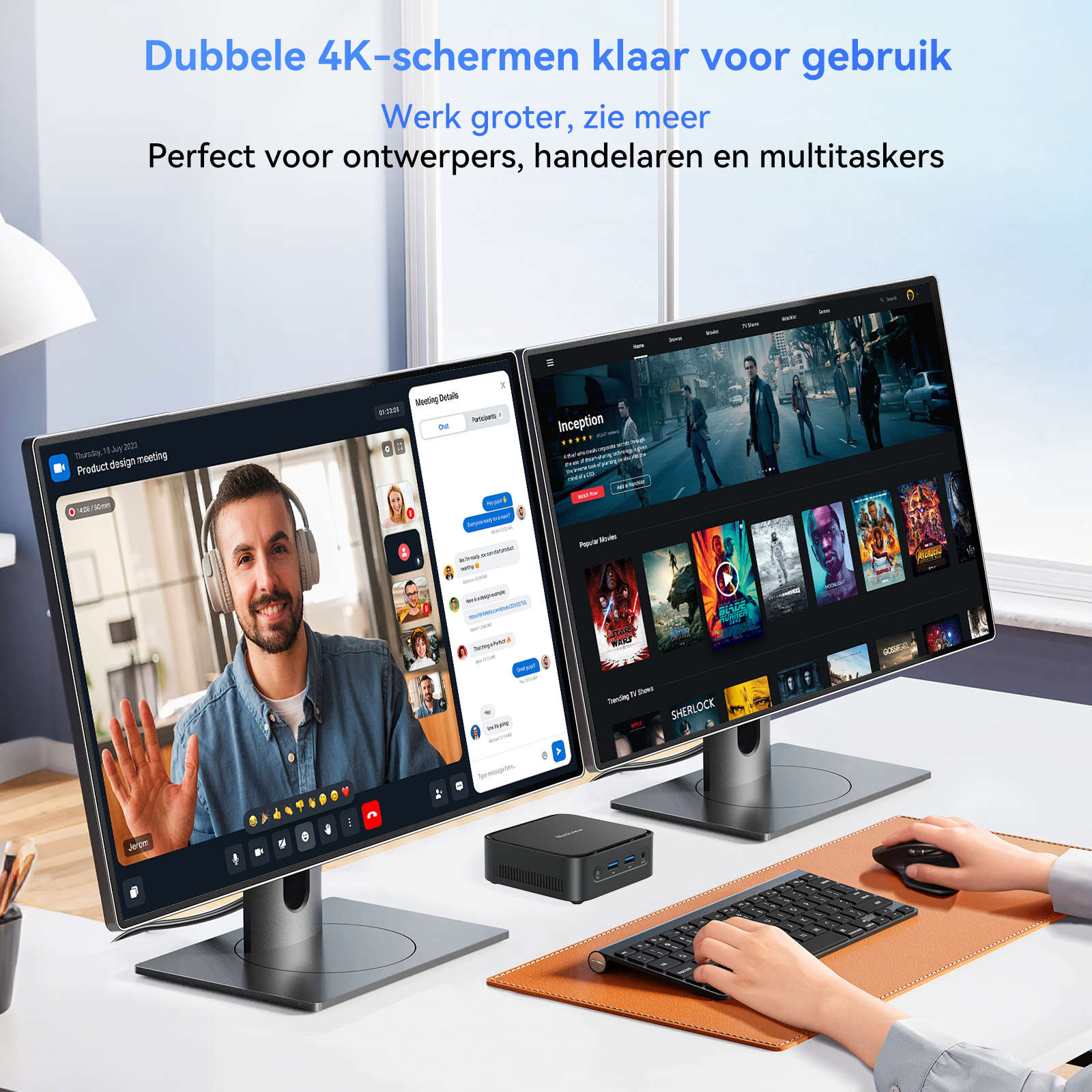 Twee 4K-schermen tonen een vergadering en films. Iemand typt.