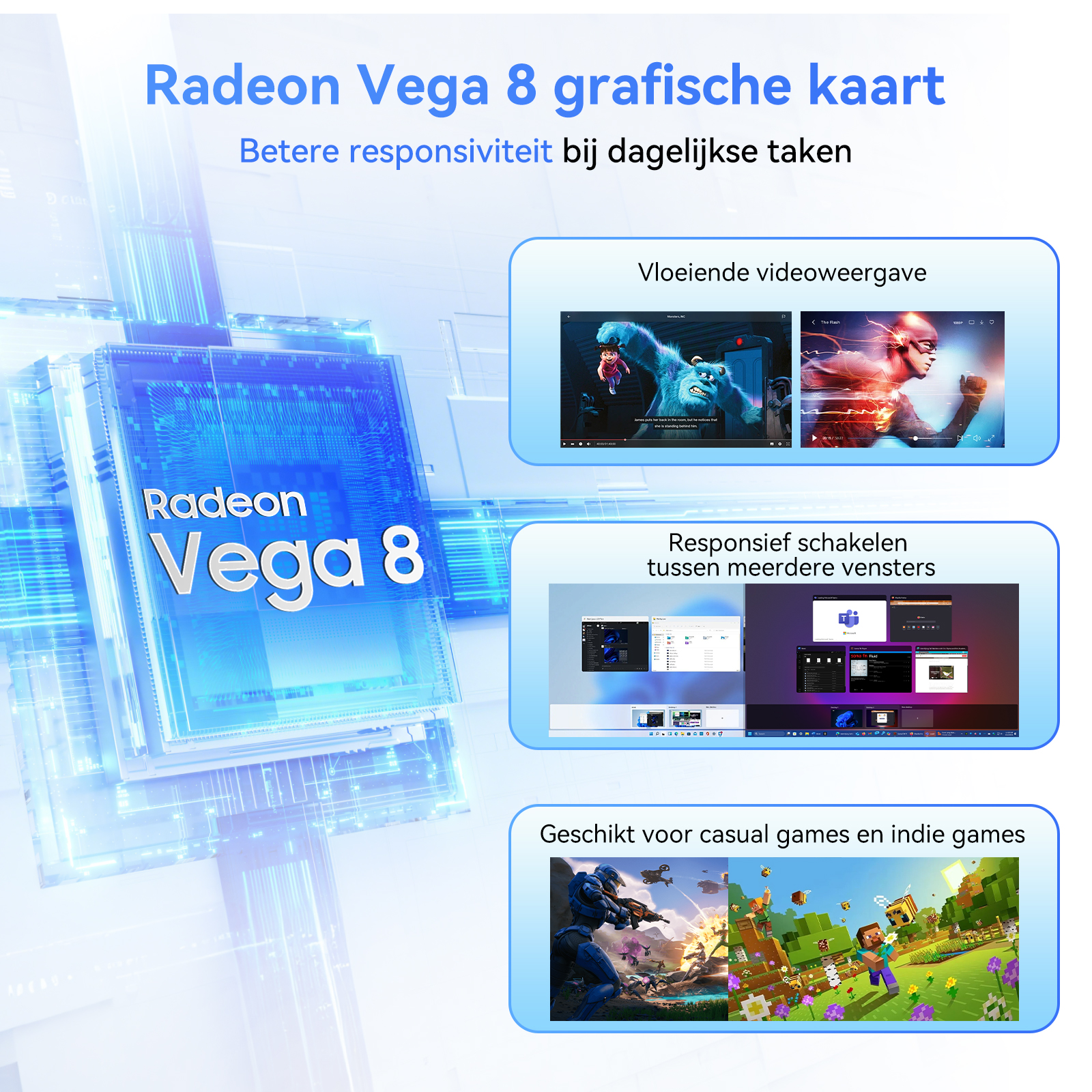 Radeon Vega 8 chip met voorbeelden van video, multitasking en games.