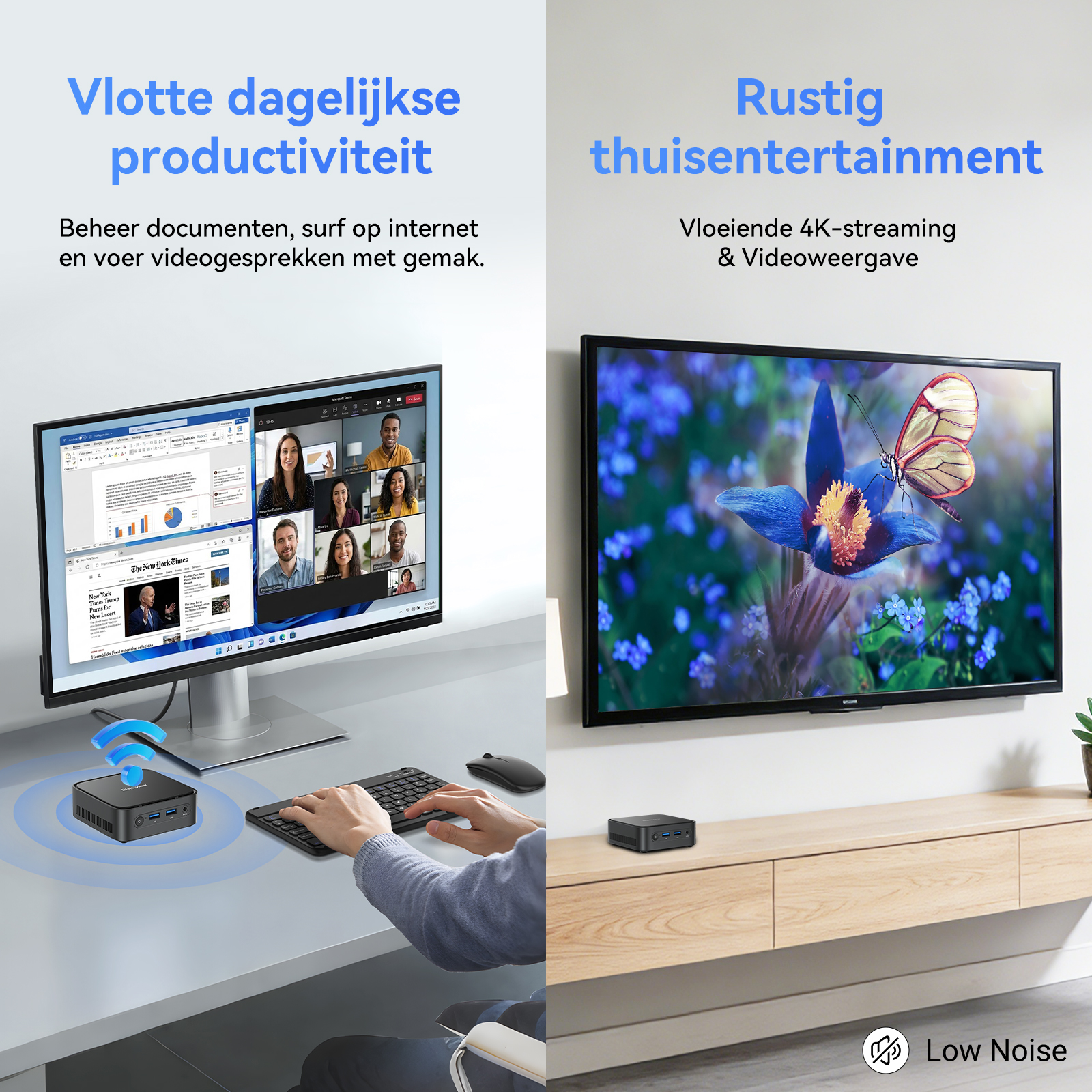 Een bureau met een monitor die een videogesprek toont en een tv met een vlinder op een bloem.