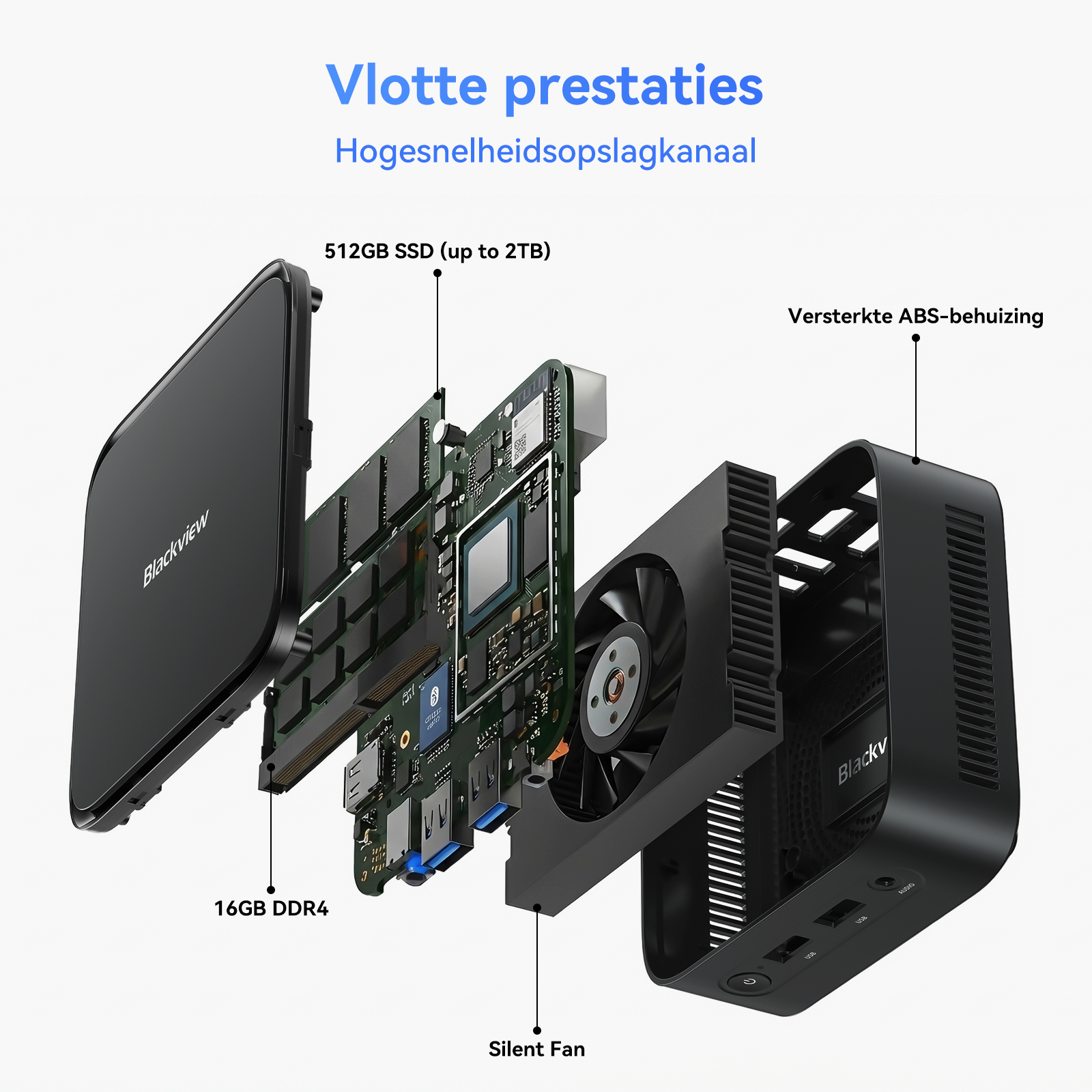 Explosietekening van een zwarte computer: SSD, RAM, ventilator en behuizing zichtbaar.