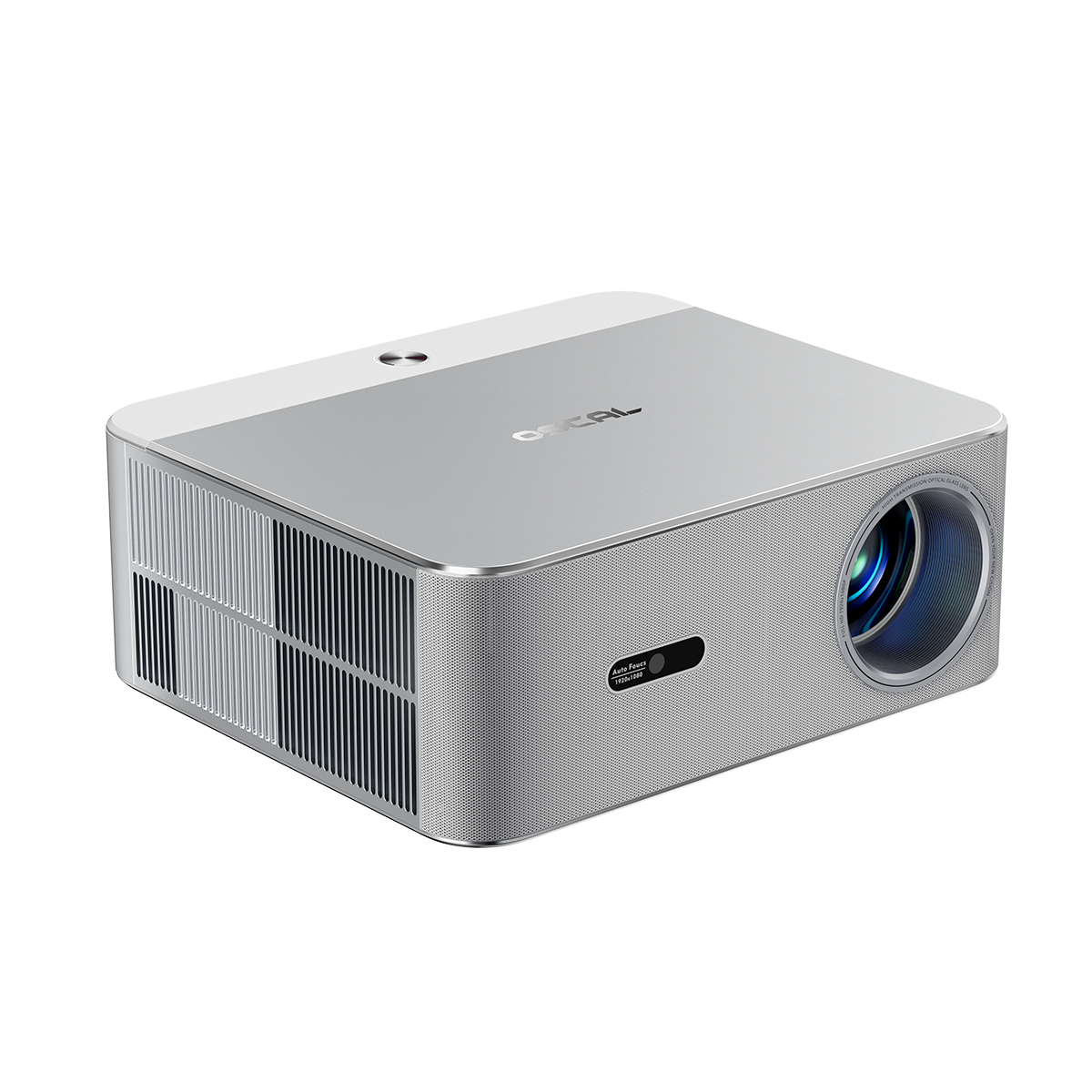 Een zilveren projector met ventilatieopeningen en een lens.
