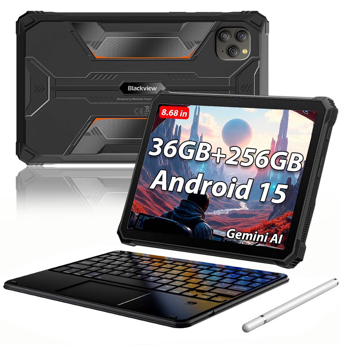 Een zwarte tablet met toetsenbord en stylus. Specificaties: 36GB+256GB, Android 15.