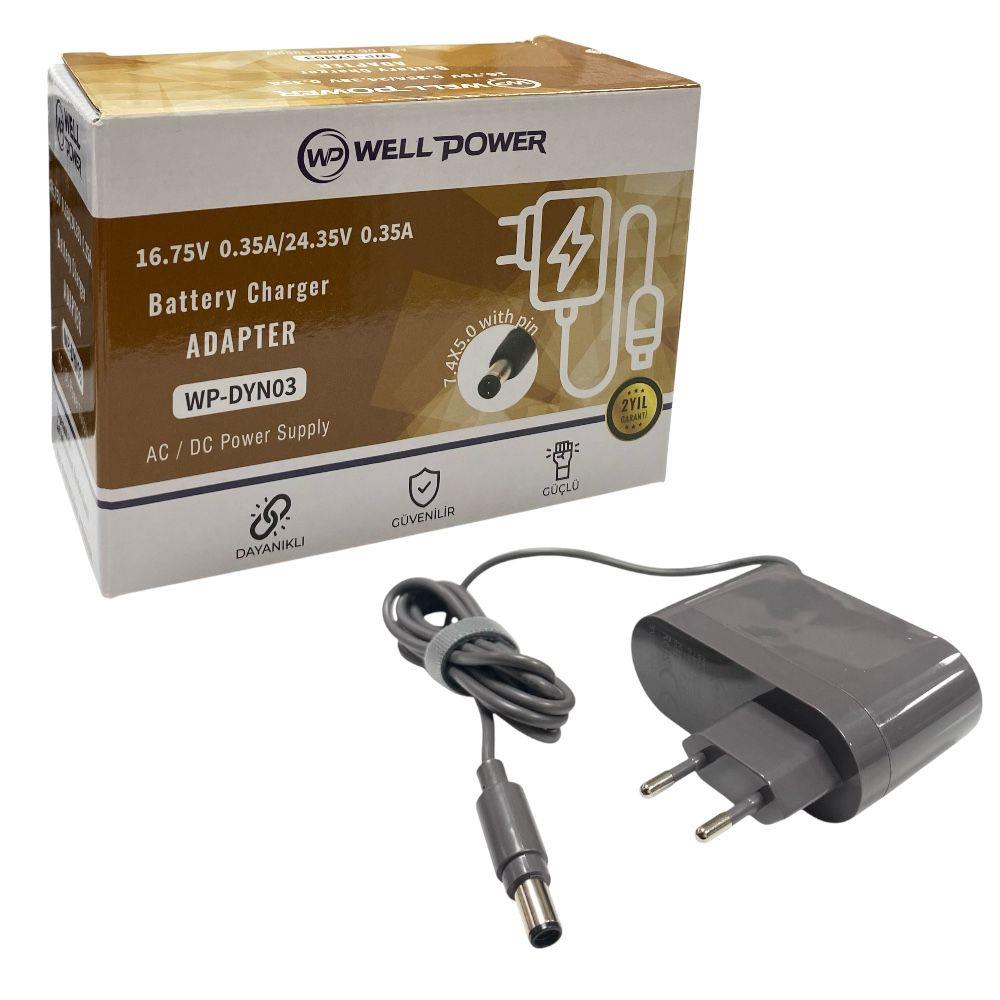 Gri AC/DC güç kaynağı adaptörü, WP-DYN03 modeli, ambalajı ile birlikte.