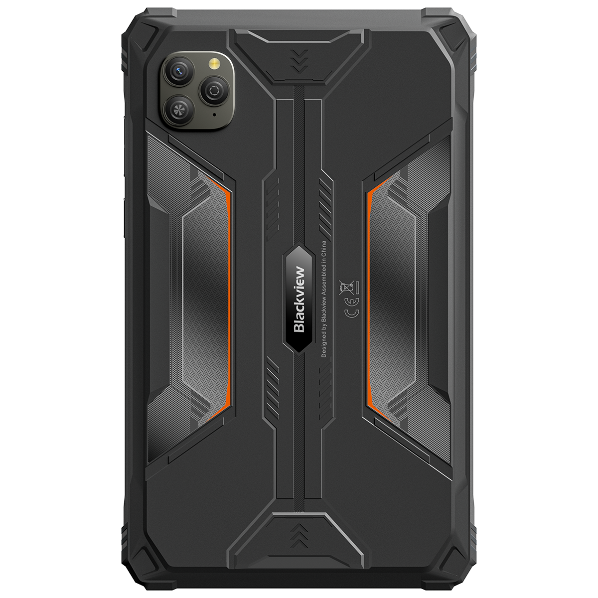 Zwarte, robuuste telefoonhoes met oranje accenten en drievoudige cameralens.