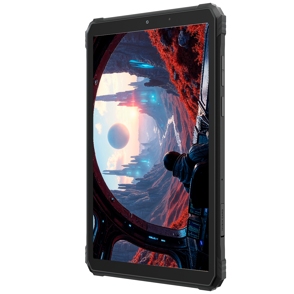Tablet met futuristisch ruimte-landschap, astronaut kijkt naar buitenaards tafereel.