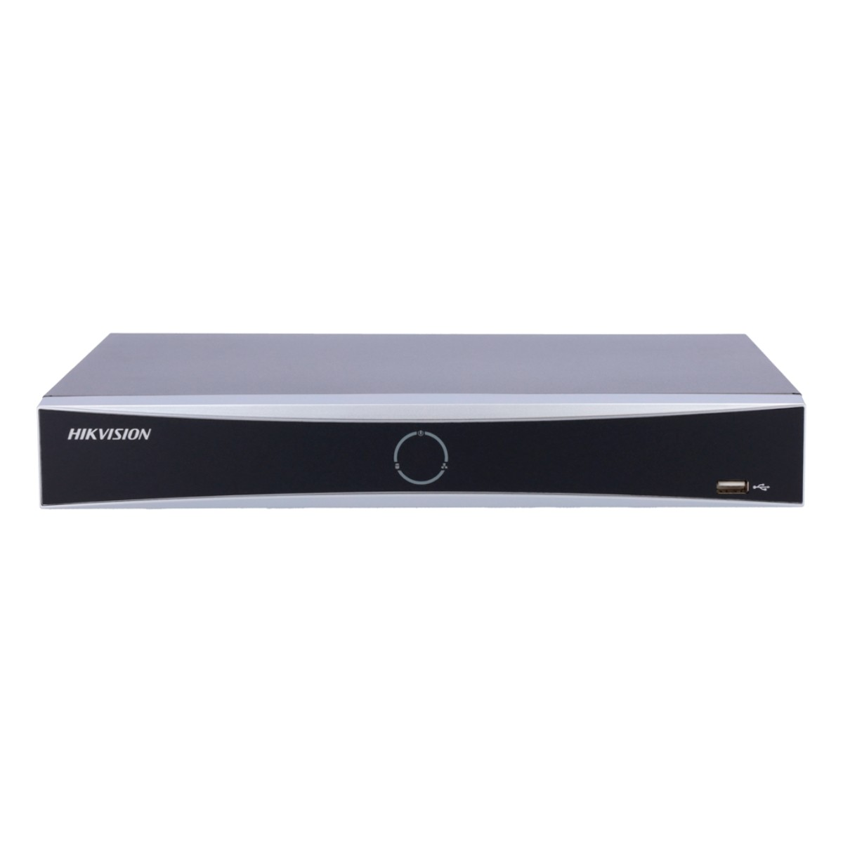Un grabador DVR plateado con panel frontal negro, logo HIKVISION y puerto USB.