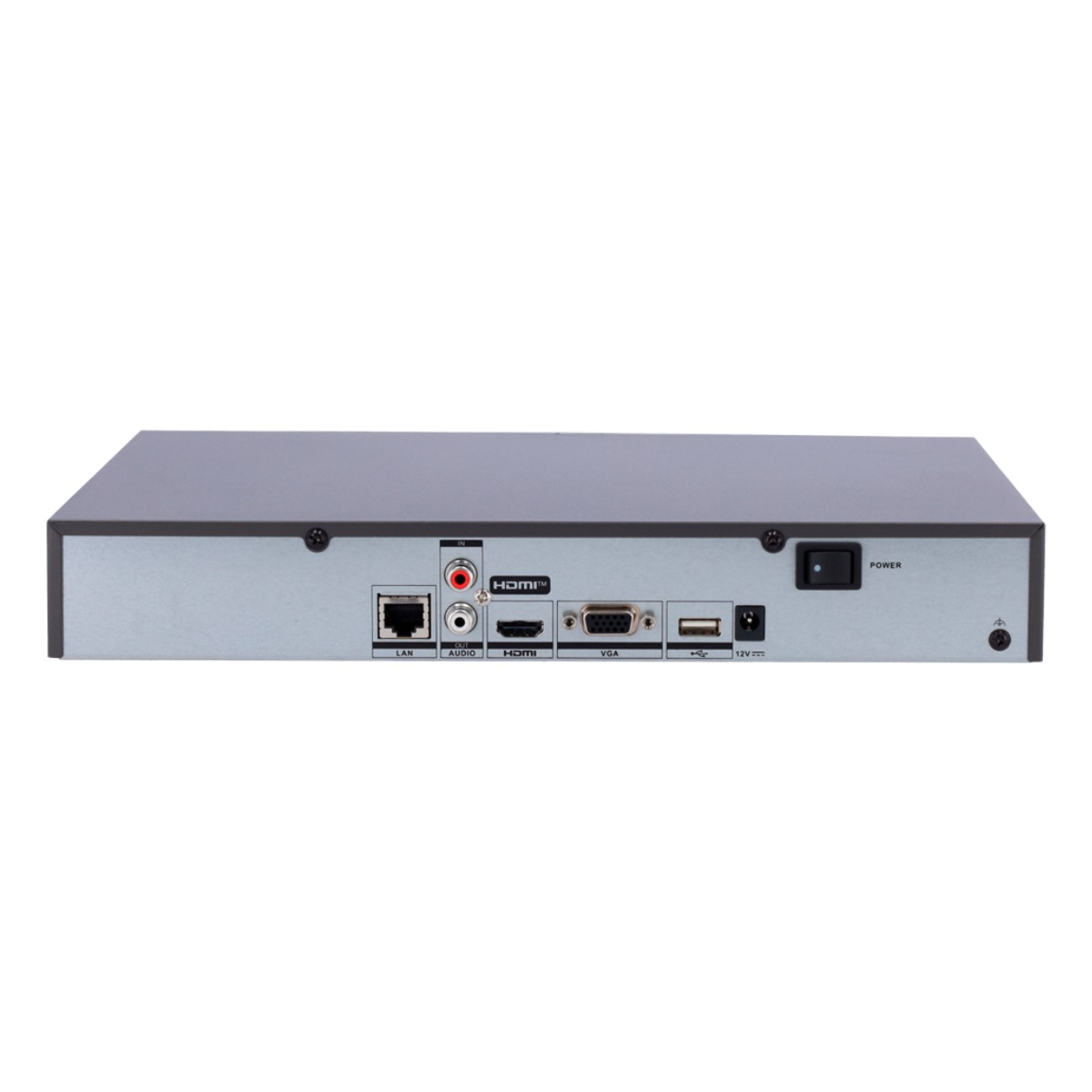 Panel trasero de DVR negro con puertos: LAN, Audio, HDMI, VGA, USB, 12V DC y Power.