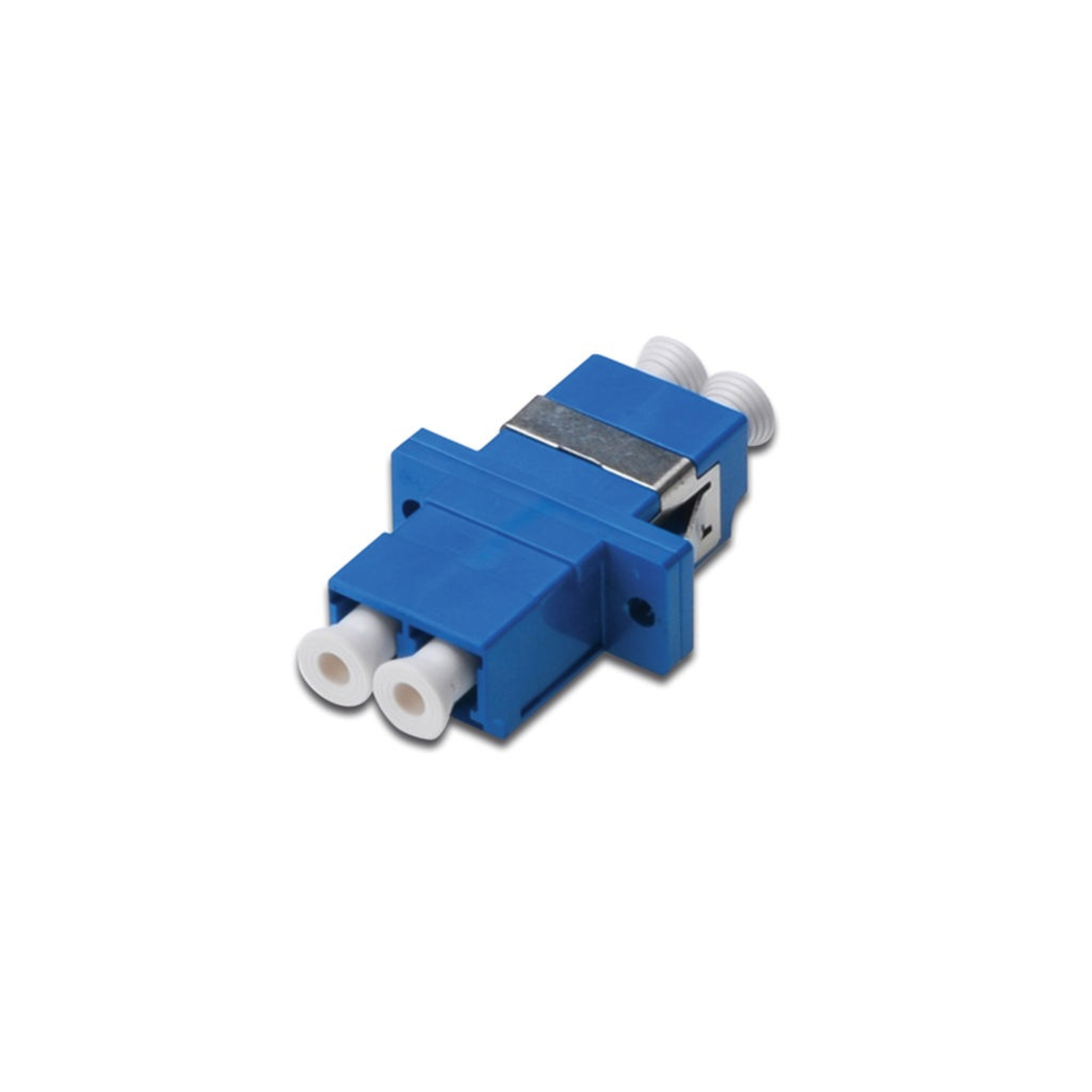 İki beyaz konektörlü ve metal klipsli mavi fiber optik adaptör.