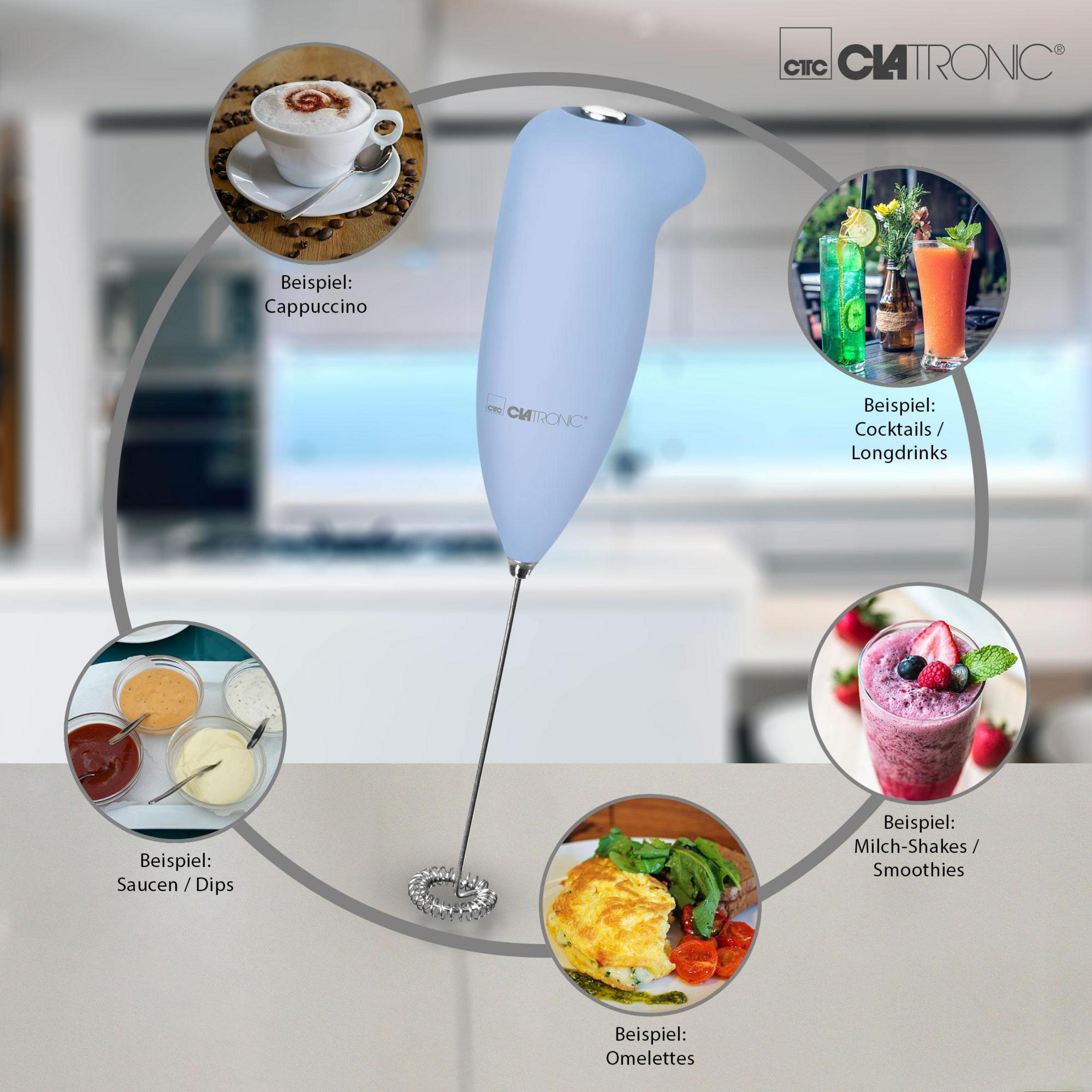 Jasnoniebieski mikser ręczny z przykładami cappuccino, koktajli, sosów, omletów i smoothie.