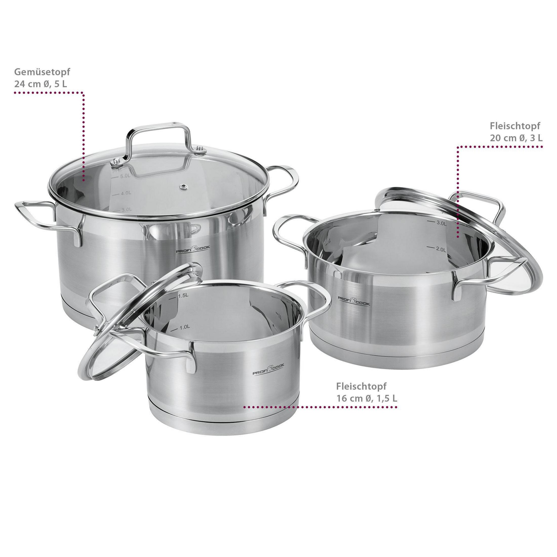 Trzy garnki ze stali nierdzewnej z szklanymi pokrywkami, różne rozmiary.