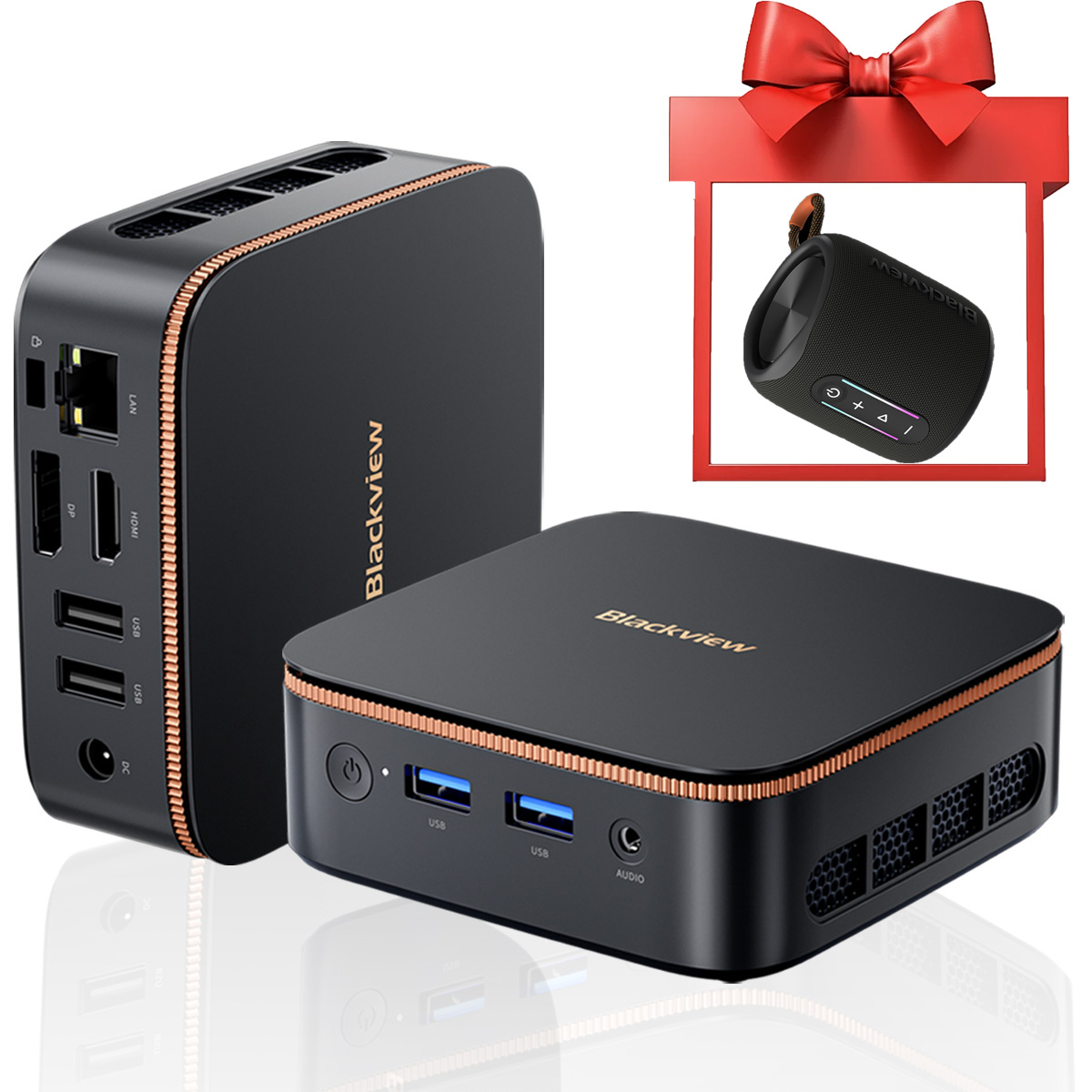 Black mini PC with ports and a portable speaker in a gift frame.