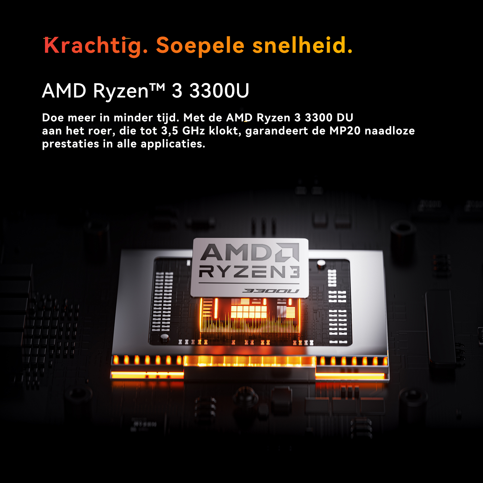 AMD Ryzen 3 3300U processor on a motherboard, glowing orange.