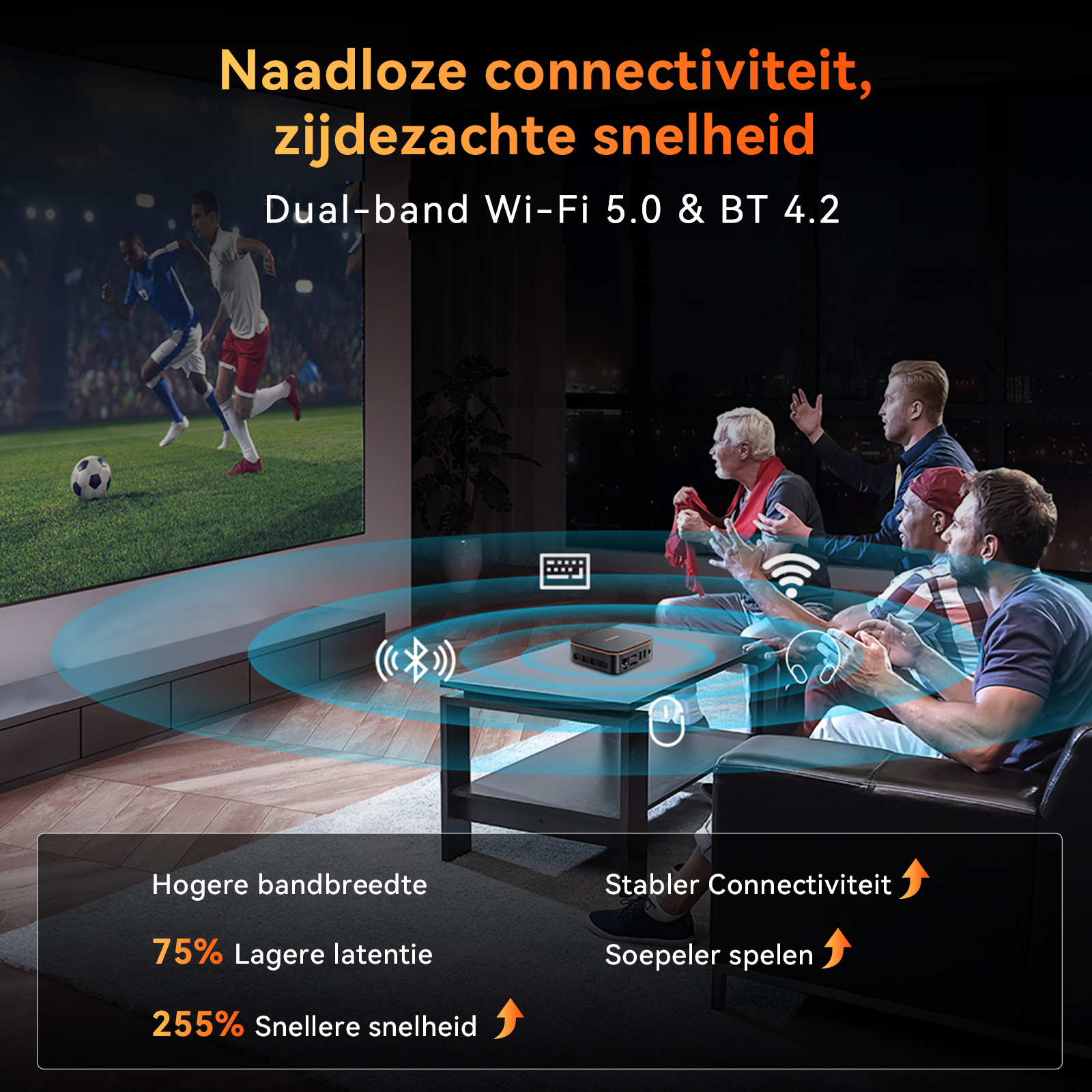 Soccer game on TV, people watching. Connectivity icons shown.