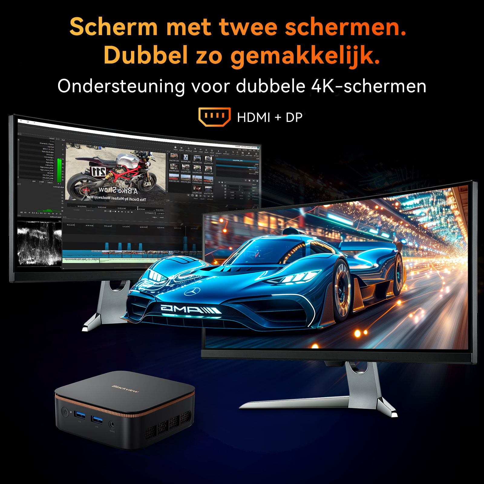 Two monitors show a blue racecar and a motorcycle editor. A mini PC sits in front.
