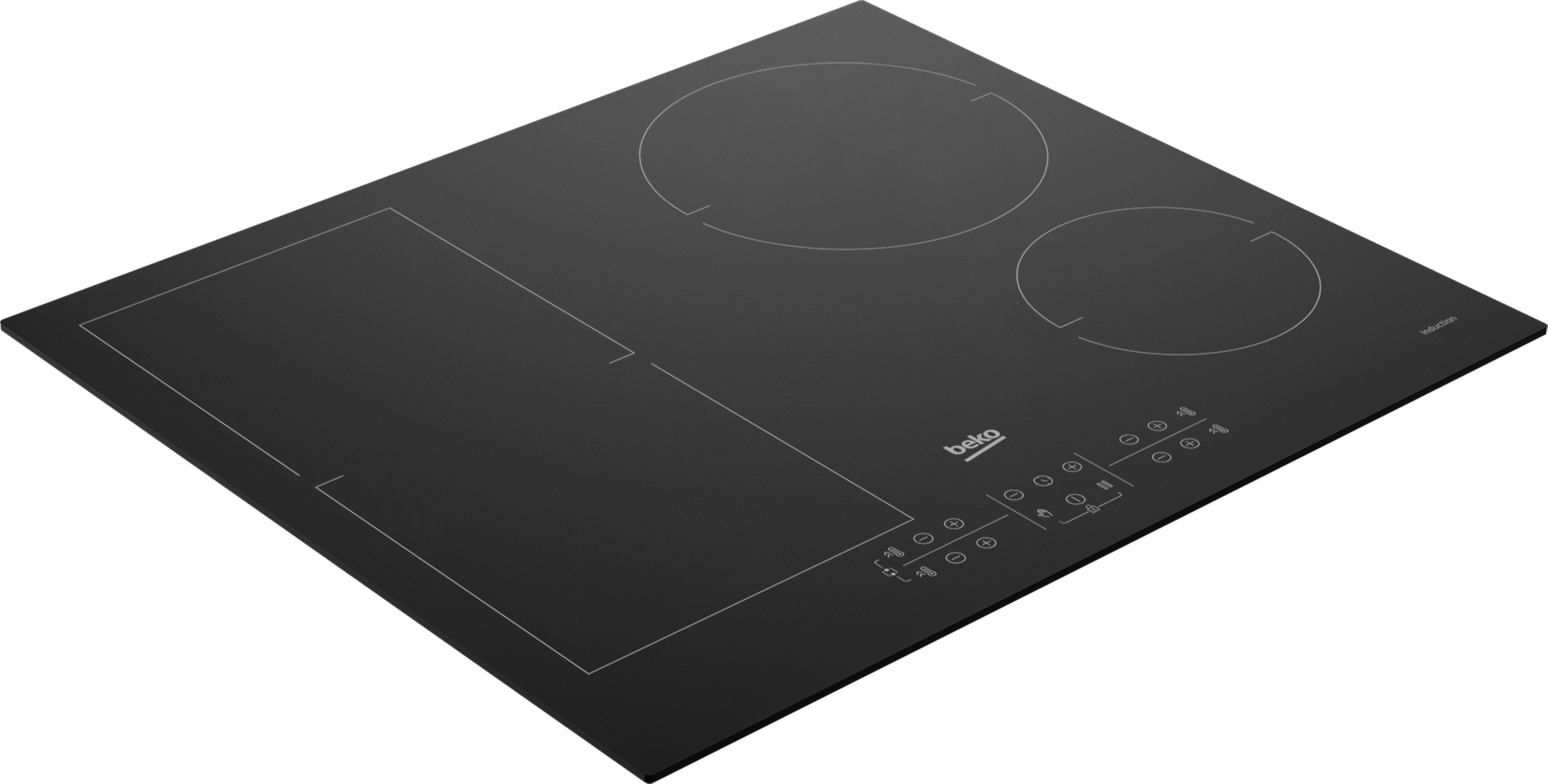 Black induction hob with touch controls and cooking zone markings.