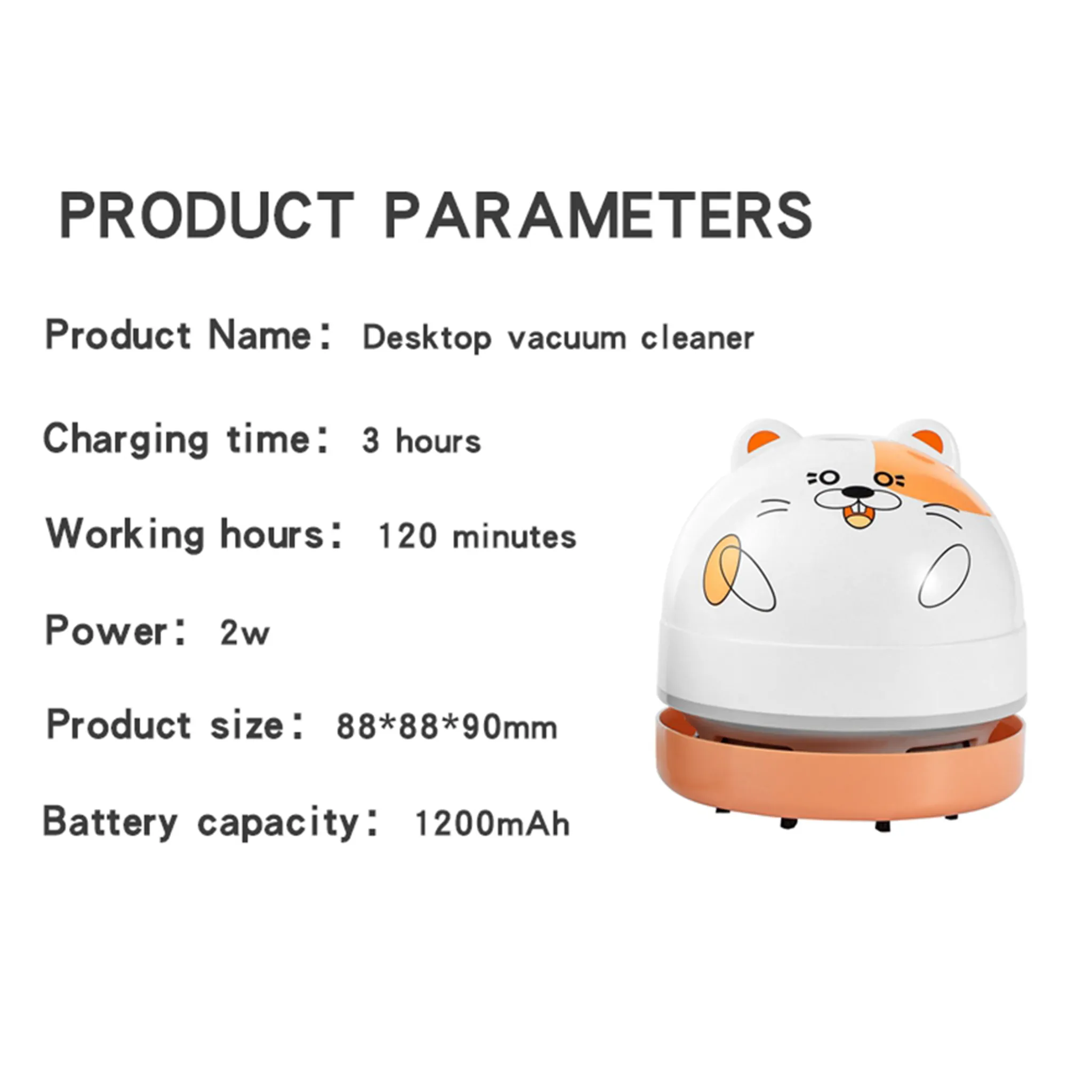 Niedlicher weißer Desktop-Staubsauger mit orangefarbenen Ohren, der wie ein Kätzchen aussieht.