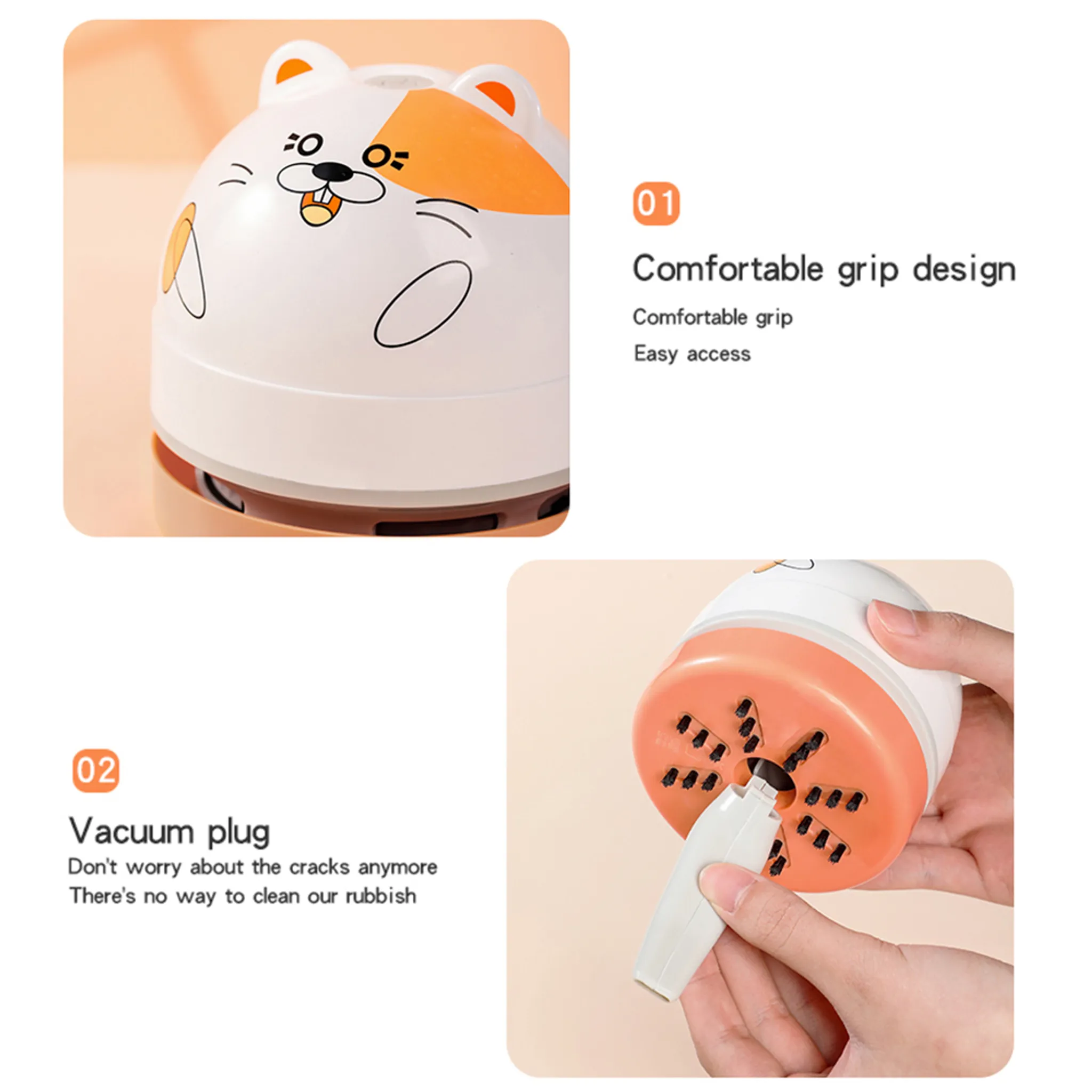 Ein niedlicher weißer Mini-Staubsauger in Katzenform mit orangefarbenen Akzenten.
