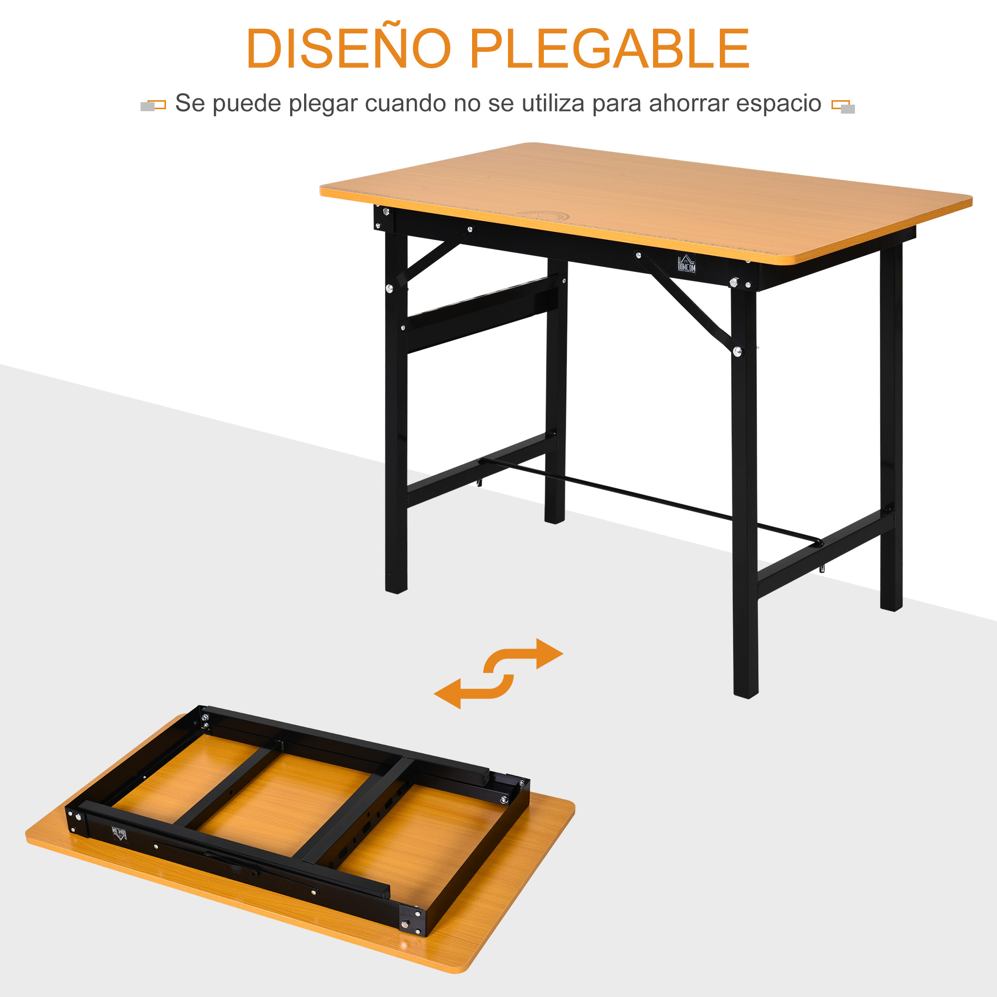 Una mesa plegable con tablero de madera y patas metálicas negras.