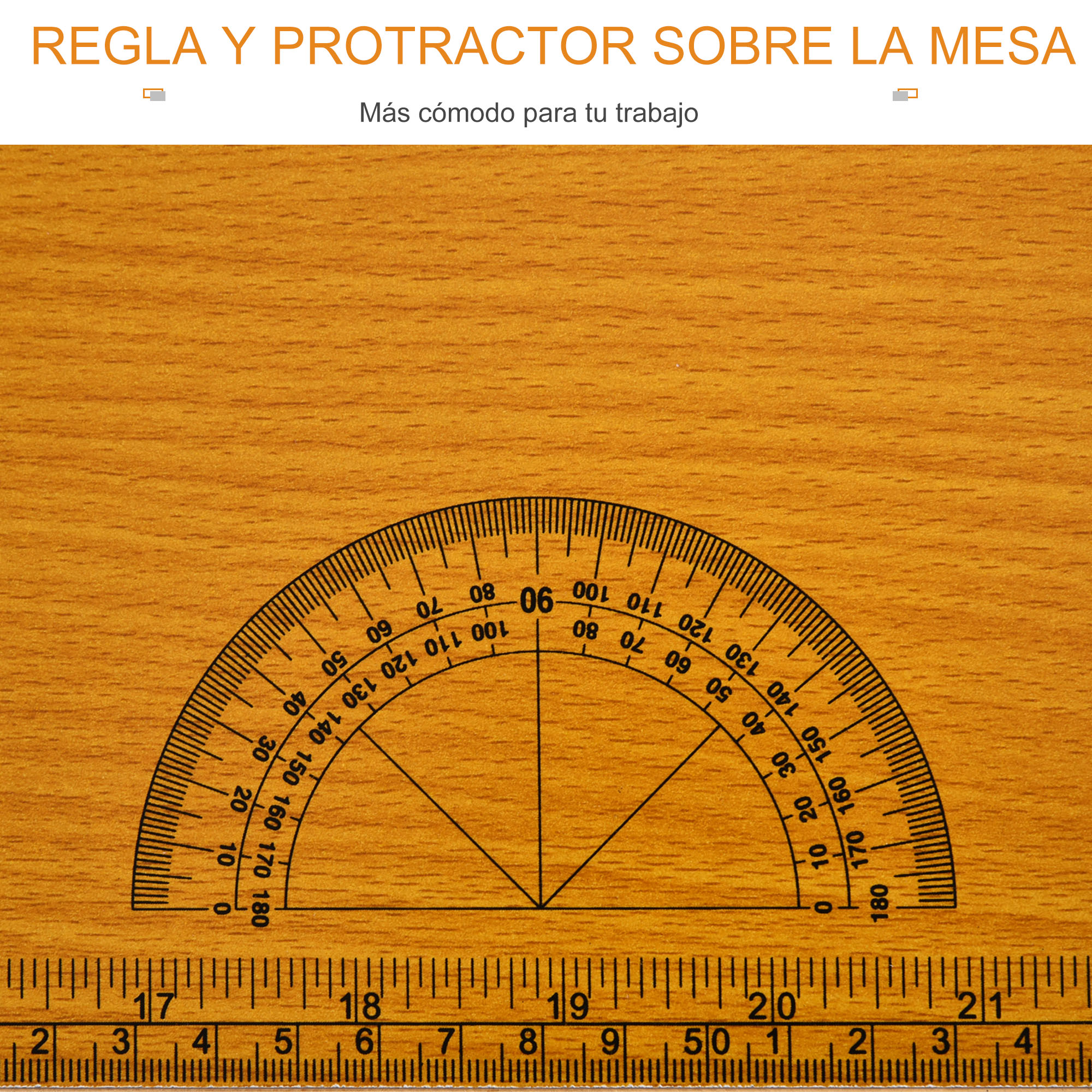 Una regla de madera y un transportador sobre una superficie de madera.